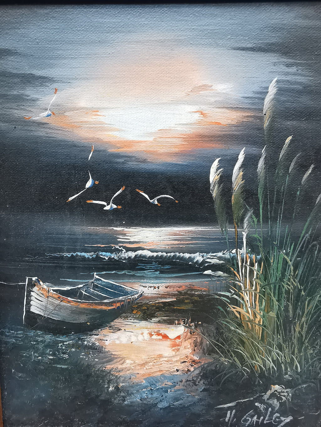 Vintage H. Gailey Signed Coastal Oil Painting – Framed Beach Sunset Seascape 36.5cm x 31.5cm