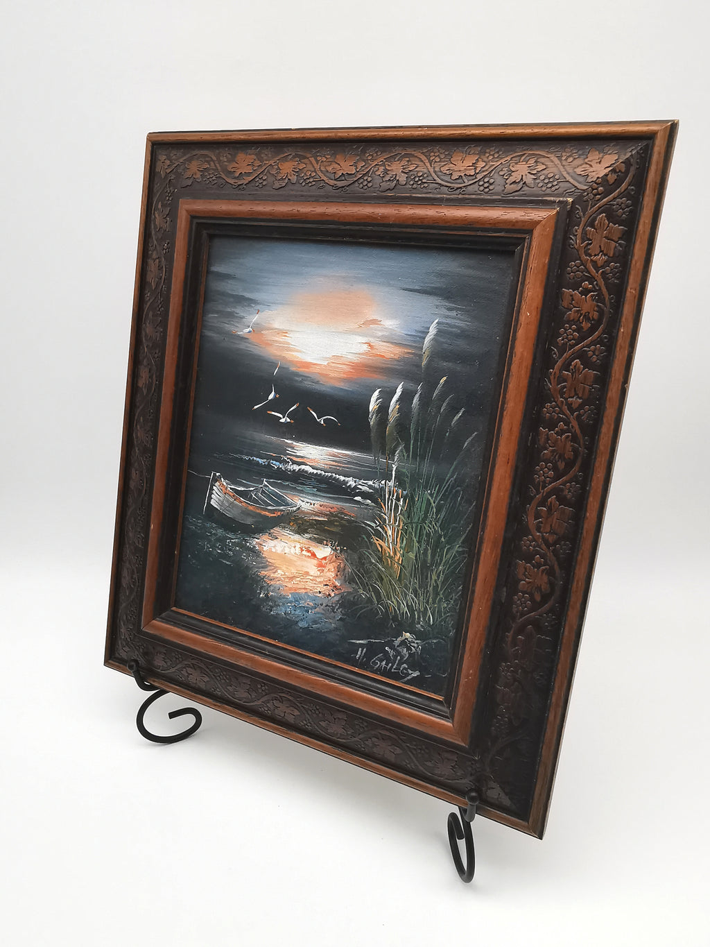 Vintage H. Gailey Signed Coastal Oil Painting – Framed Beach Sunset Seascape 36.5cm x 31.5cm