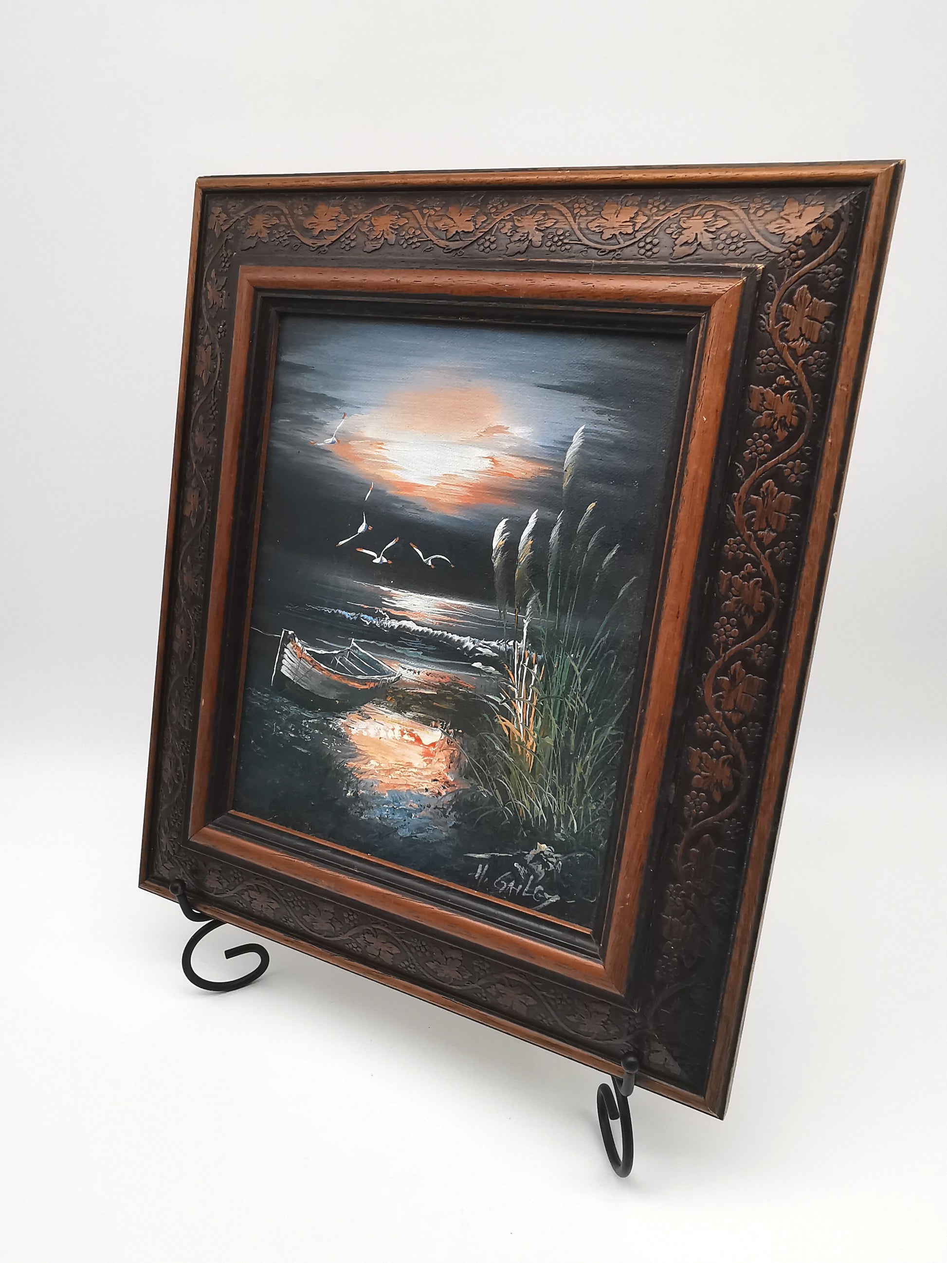 Vintage H. Gailey Signed Coastal Oil Painting – Framed Beach Sunset Seascape 36.5cm x 31.5cm