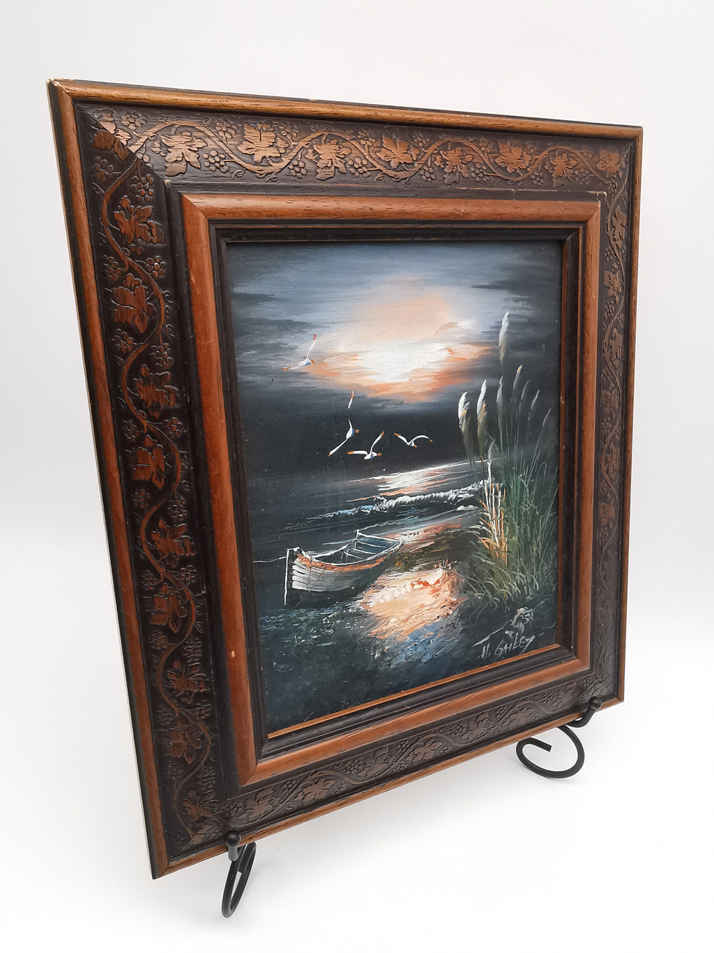Vintage H. Gailey Signed Coastal Oil Painting – Framed Beach Sunset Seascape 36.5cm x 31.5cm