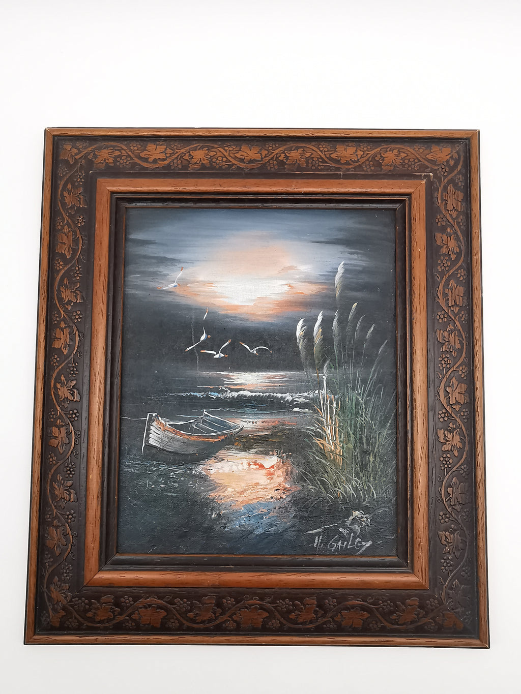 Vintage H. Gailey Signed Coastal Oil Painting – Framed Beach Sunset Seascape 36.5cm x 31.5cm