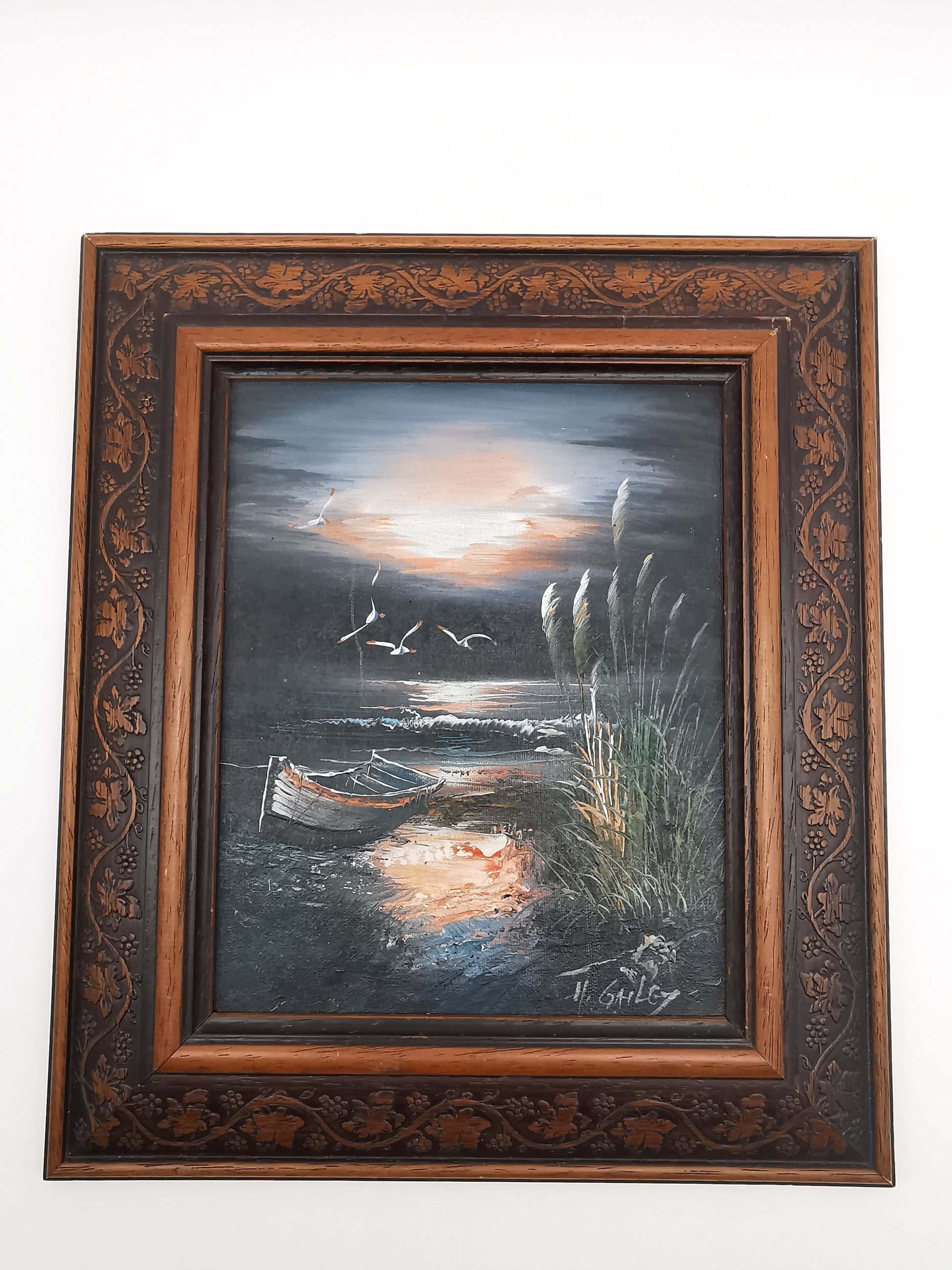 Vintage H. Gailey Signed Coastal Oil Painting – Framed Beach Sunset Seascape 36.5cm x 31.5cm