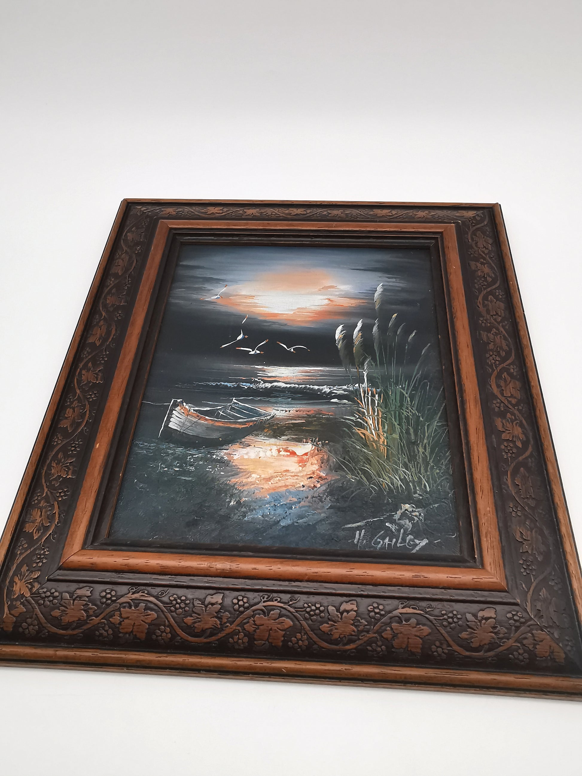 Vintage H. Gailey Signed Coastal Oil Painting – Framed Beach Sunset Seascape 36.5cm x 31.5cm