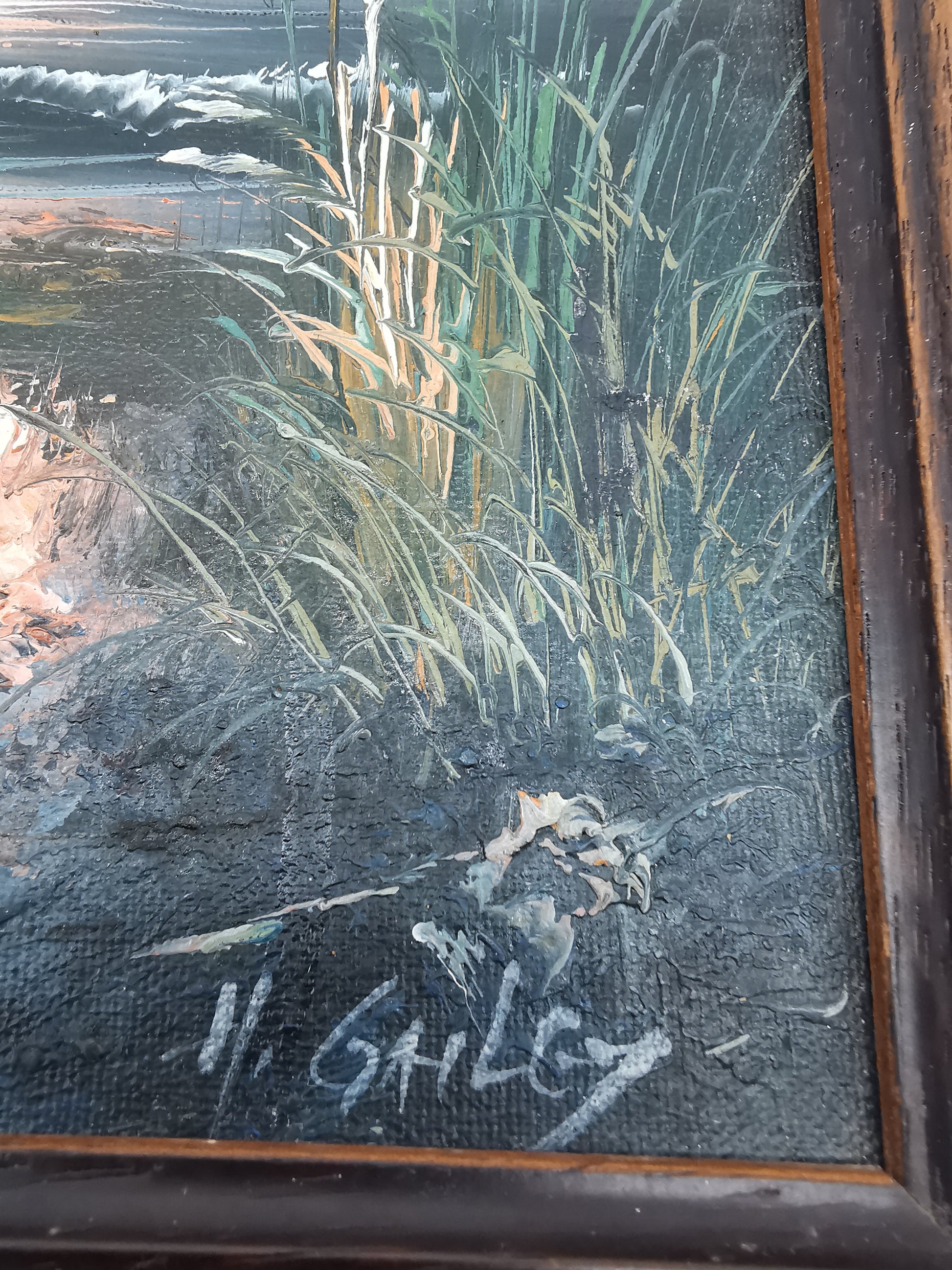 Vintage H. Gailey Signed Coastal Oil Painting – Framed Beach Sunset Seascape 36.5cm x 31.5cm