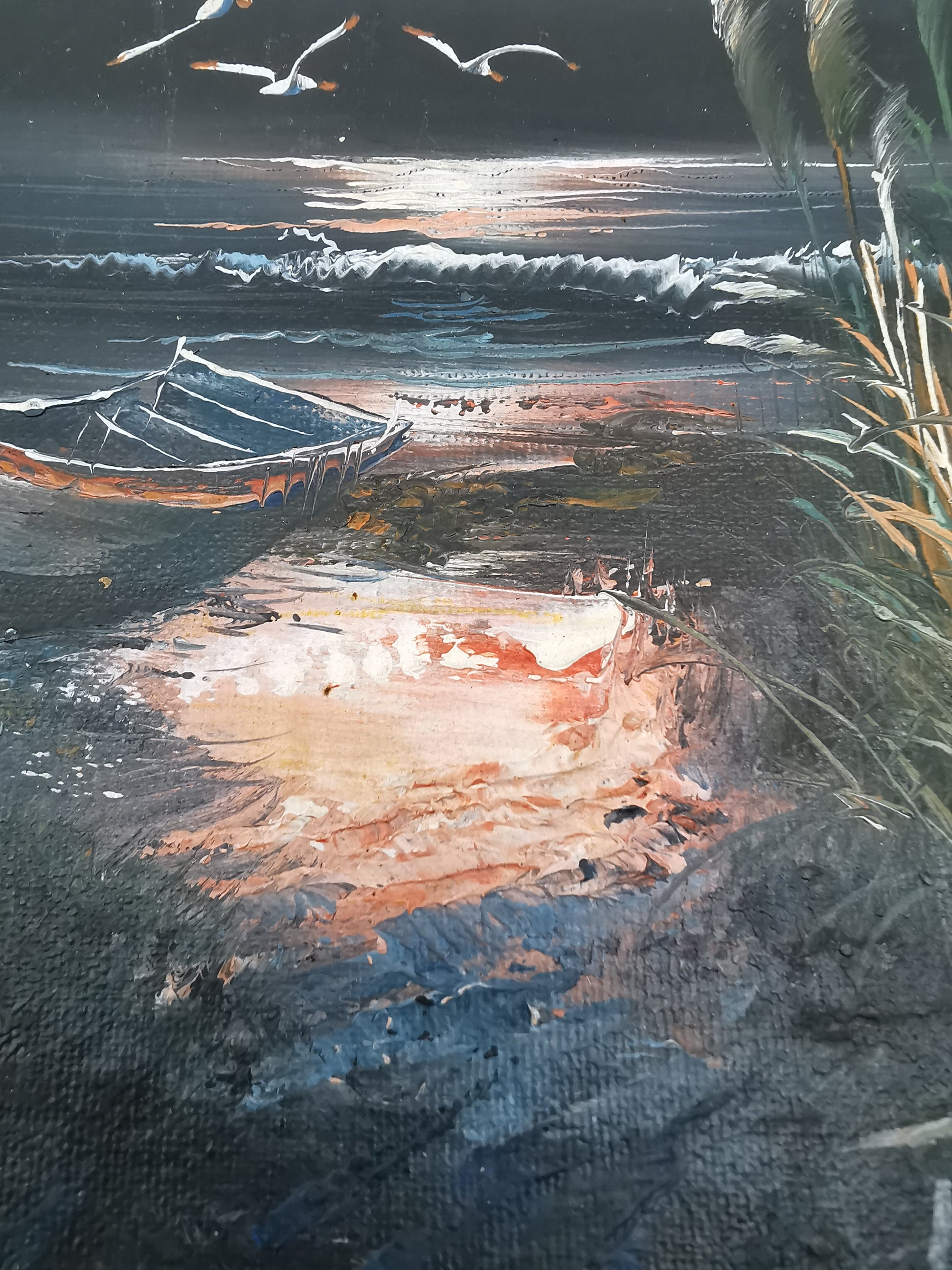 Vintage H. Gailey Signed Coastal Oil Painting – Framed Beach Sunset Seascape 36.5cm x 31.5cm