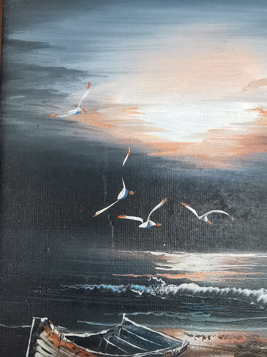 Vintage H. Gailey Signed Coastal Oil Painting – Framed Beach Sunset Seascape 36.5cm x 31.5cm