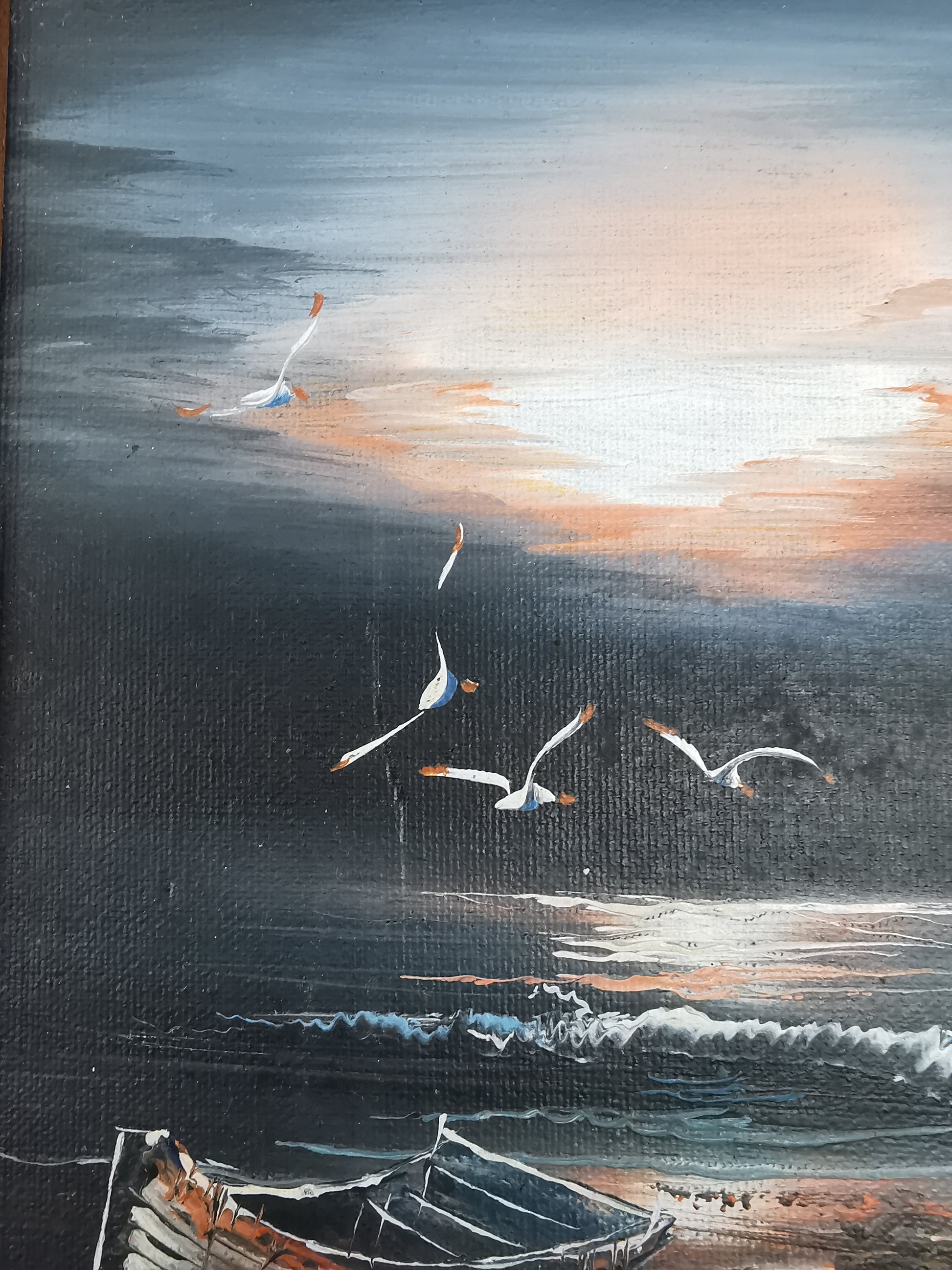 Vintage H. Gailey Signed Coastal Oil Painting – Framed Beach Sunset Seascape 36.5cm x 31.5cm