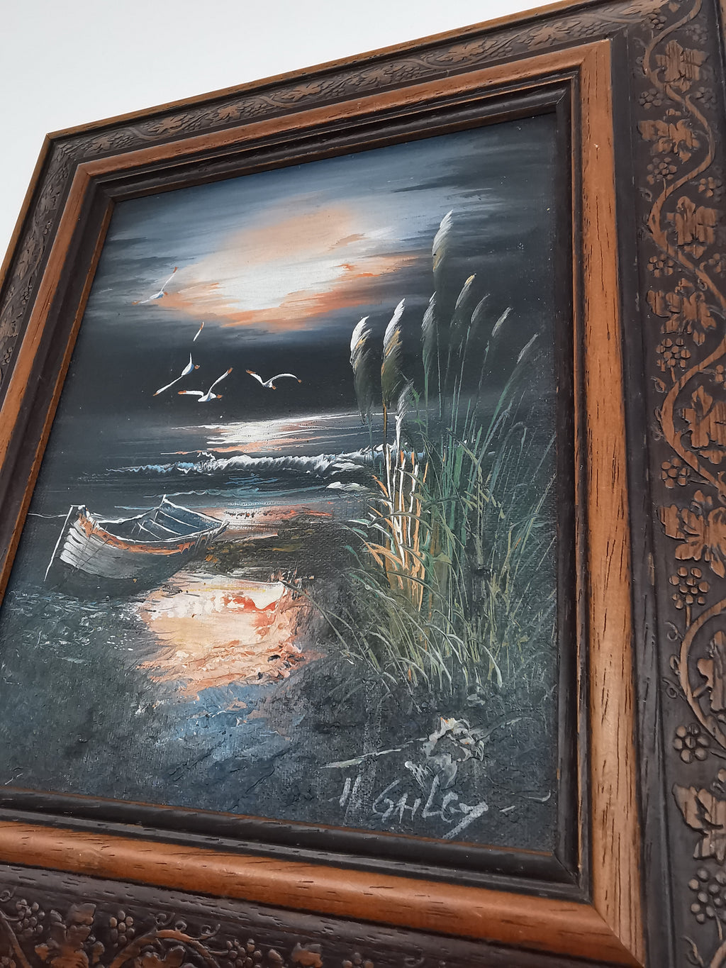 Vintage H. Gailey Signed Coastal Oil Painting – Framed Beach Sunset Seascape 36.5cm x 31.5cm