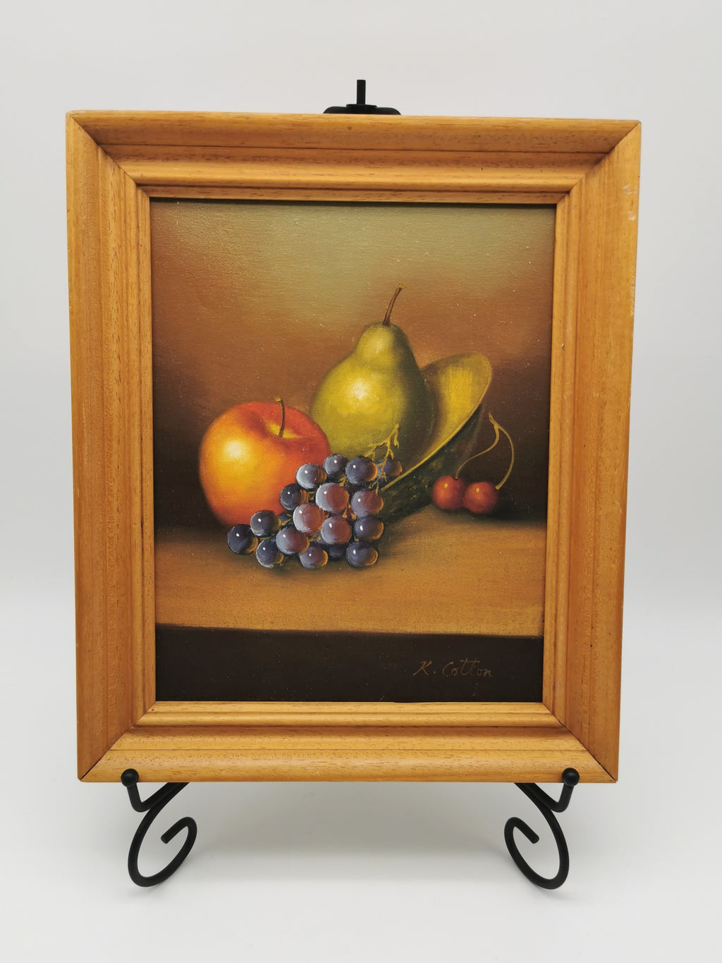 Fruit Still Life Oil Painting in Wooden Frame, Signed K. Cotton