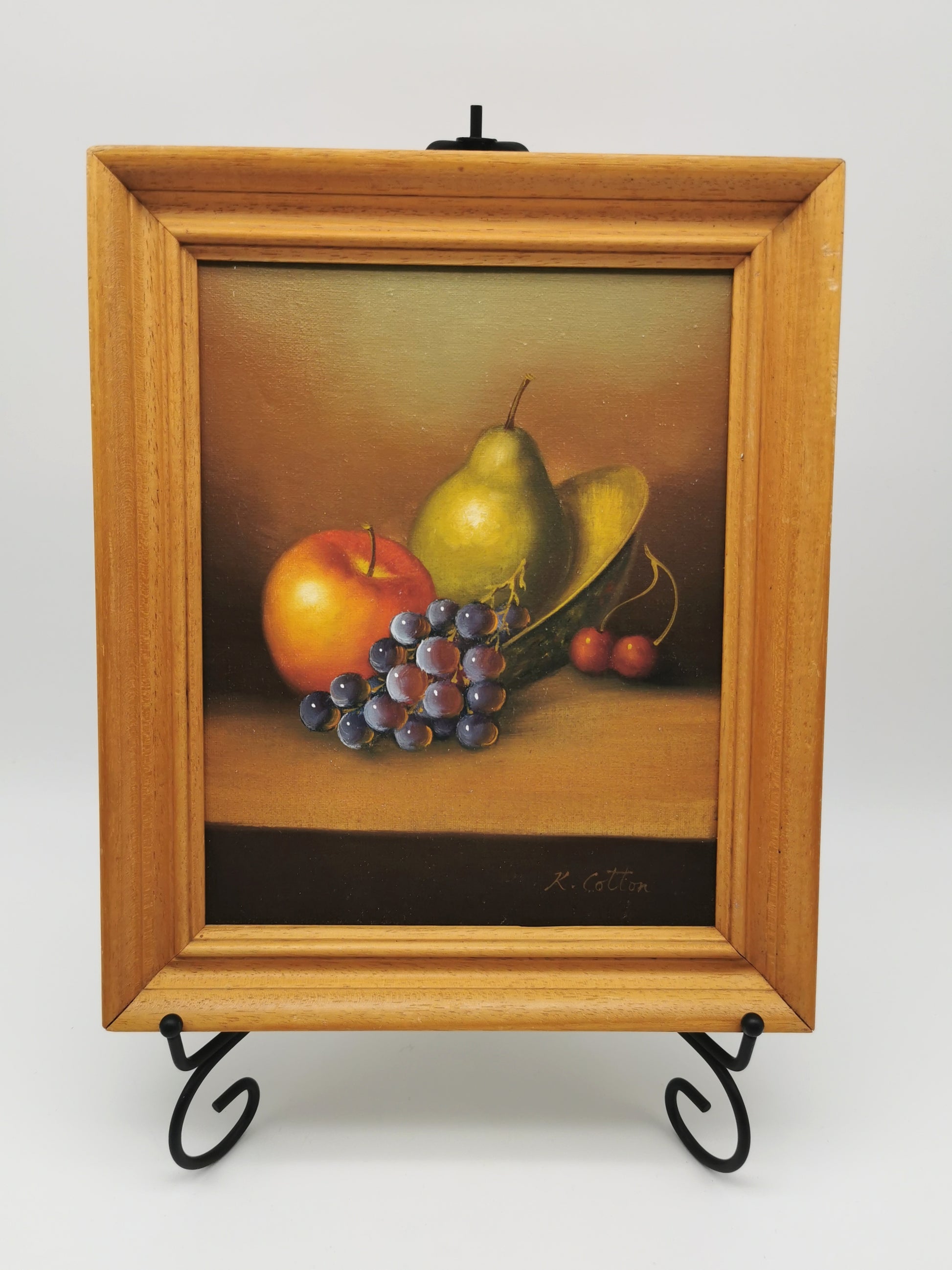 Fruit Still Life Oil Painting in Wooden Frame, Signed K. Cotton