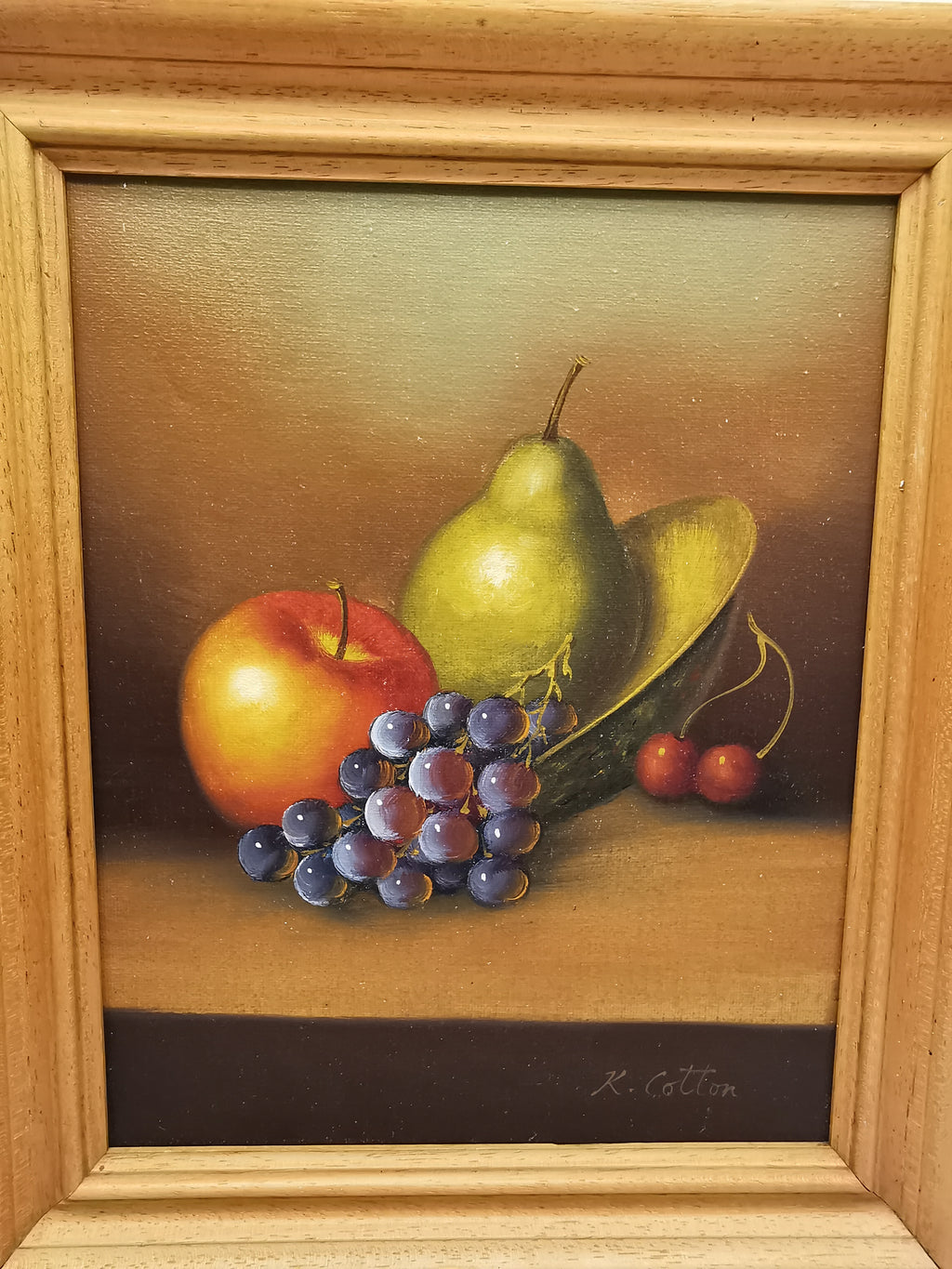 Fruit Still Life Oil Painting in Wooden Frame, Signed K. Cotton