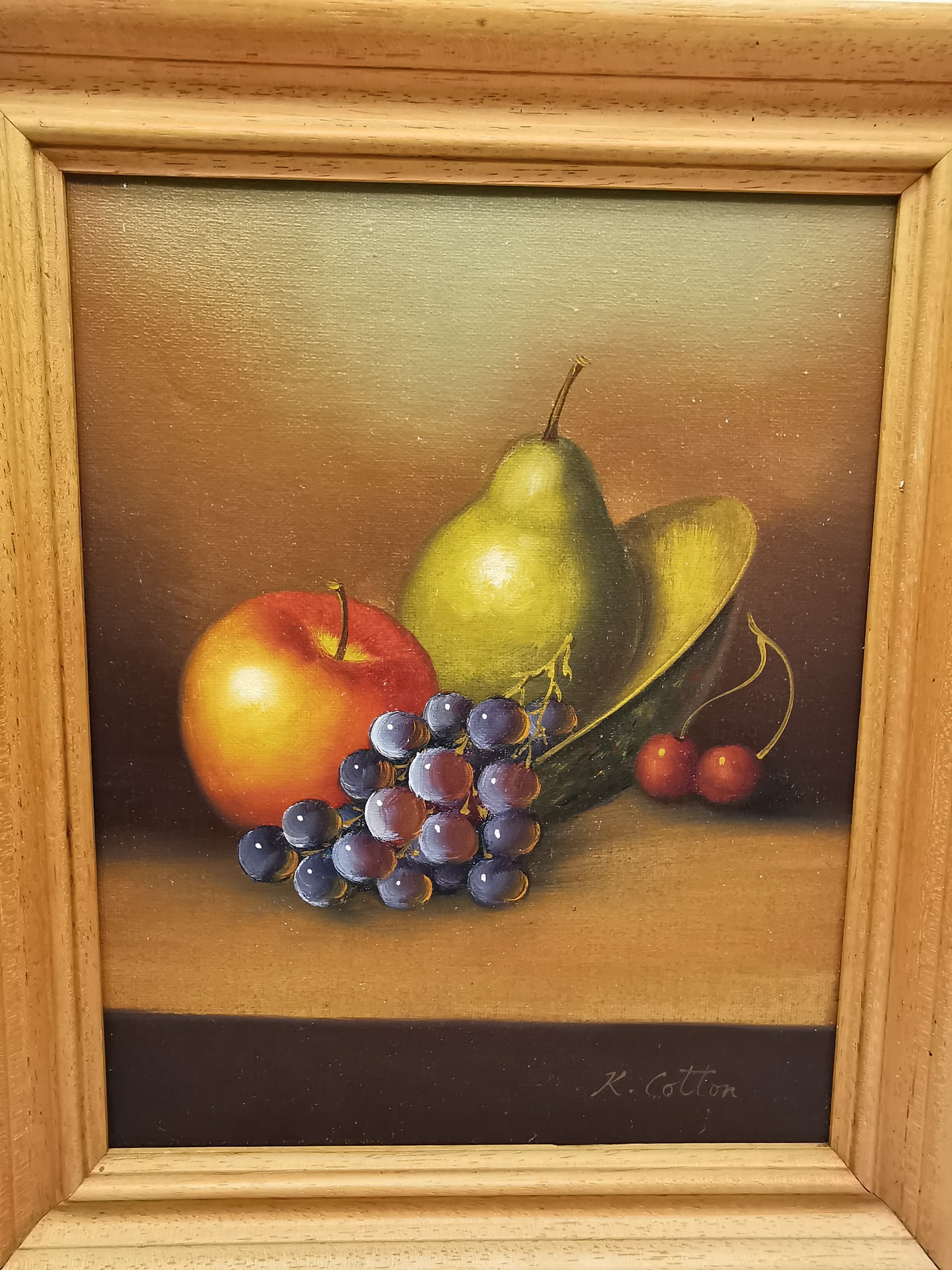 Fruit Still Life Oil Painting in Wooden Frame, Signed K. Cotton