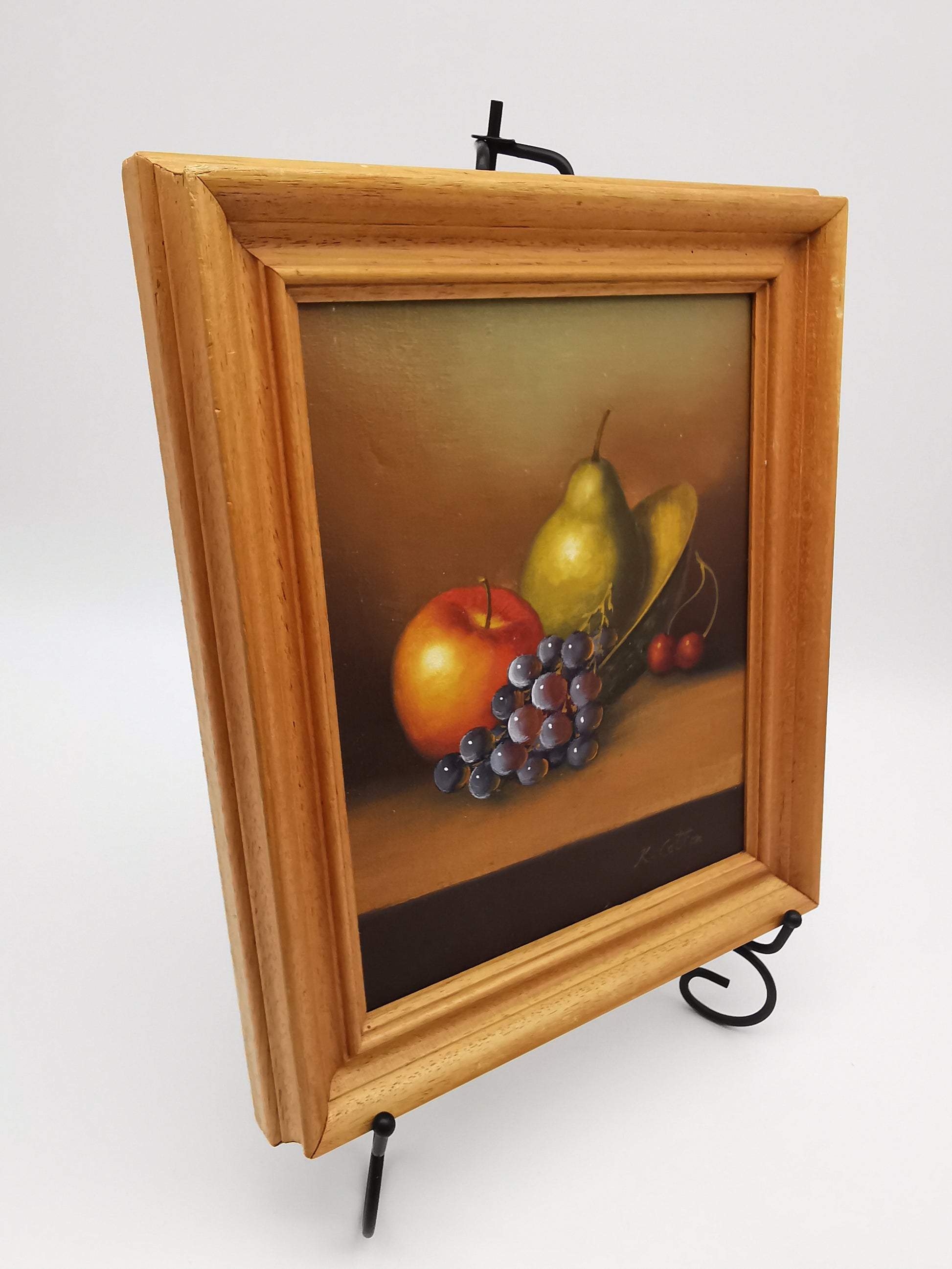 Fruit Still Life Oil Painting in Wooden Frame, Signed K. Cotton