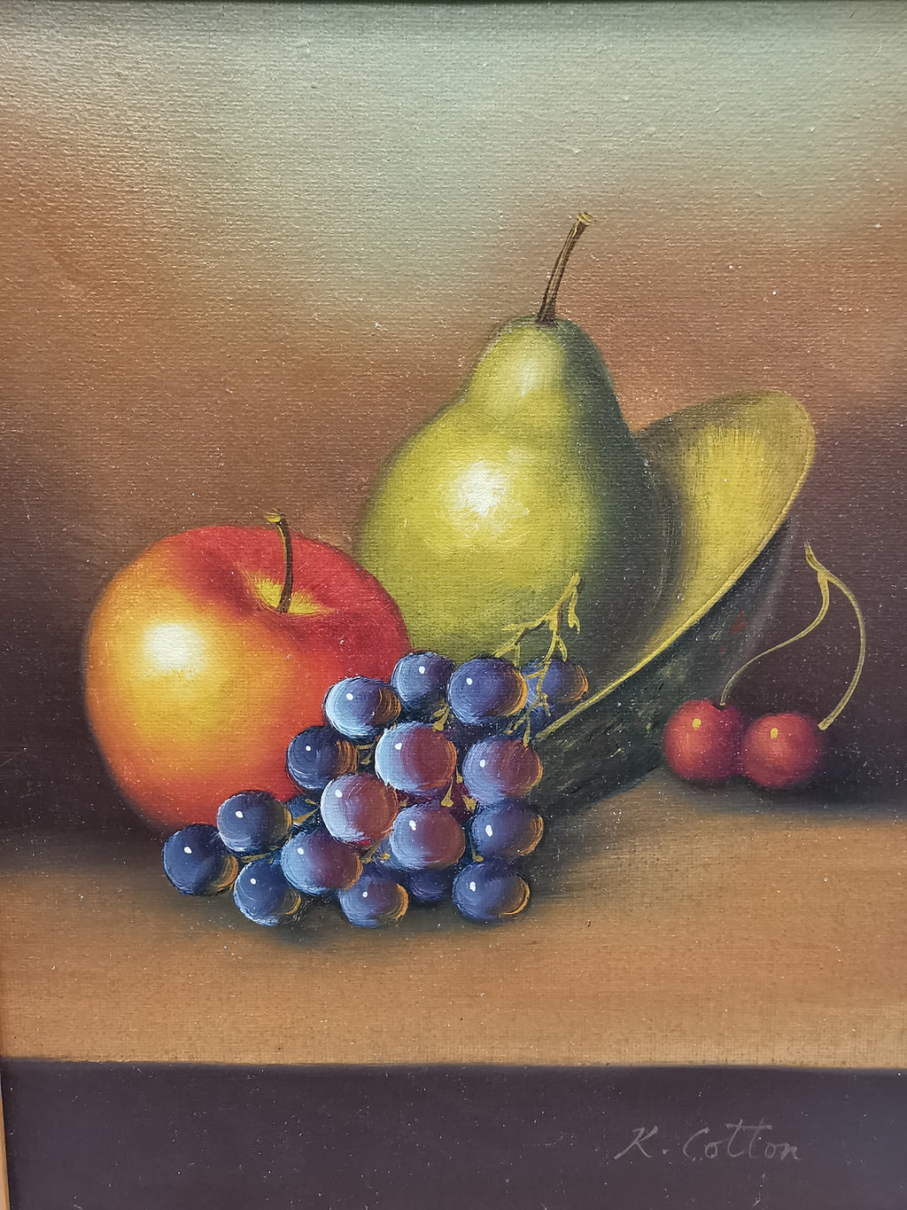 Fruit Still Life Oil Painting in Wooden Frame, Signed K. Cotton