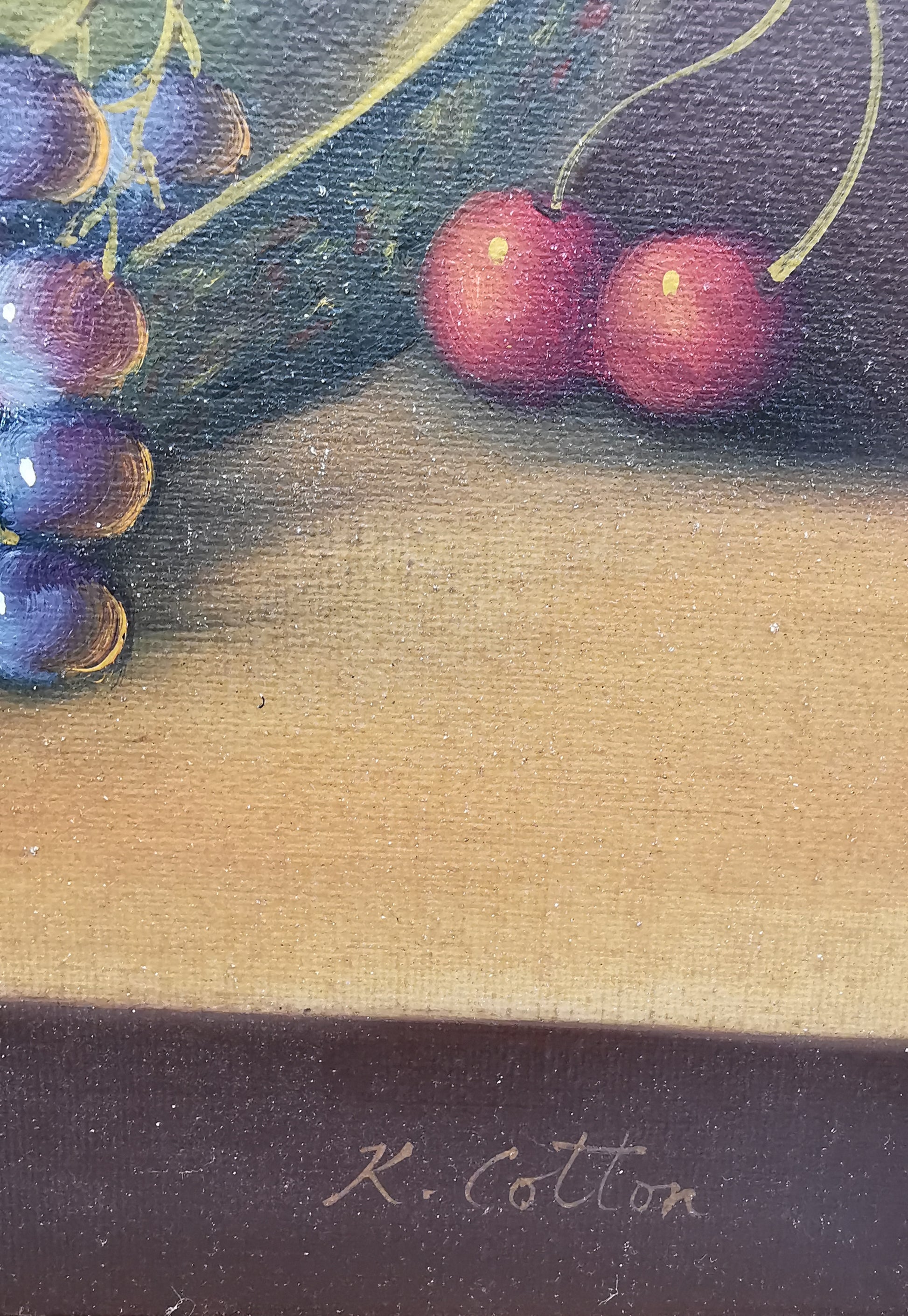 Fruit Still Life Oil Painting in Wooden Frame, Signed K. Cotton
