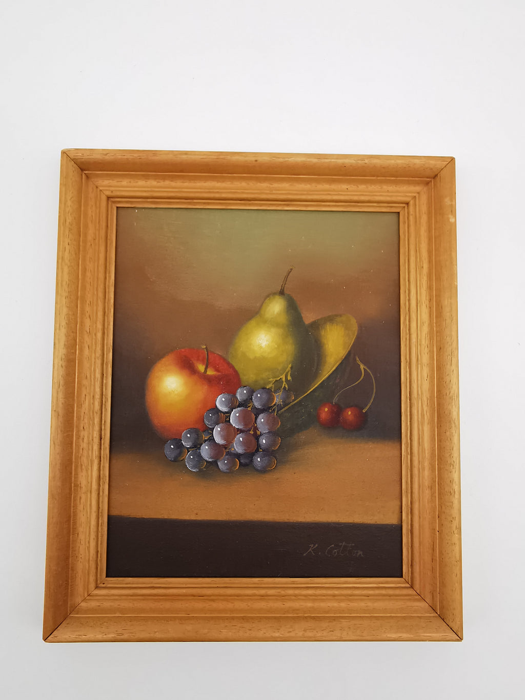 Fruit Still Life Oil Painting in Wooden Frame, Signed K. Cotton