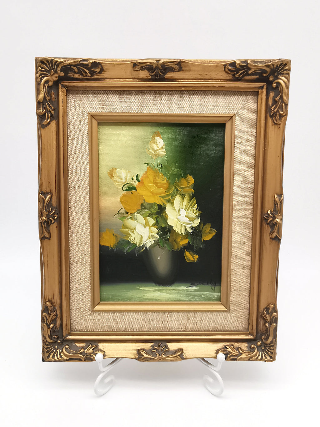 Vintage Floral Oil Painting – Framed Yellow Roses Still Life, Signed 27cm x22cm