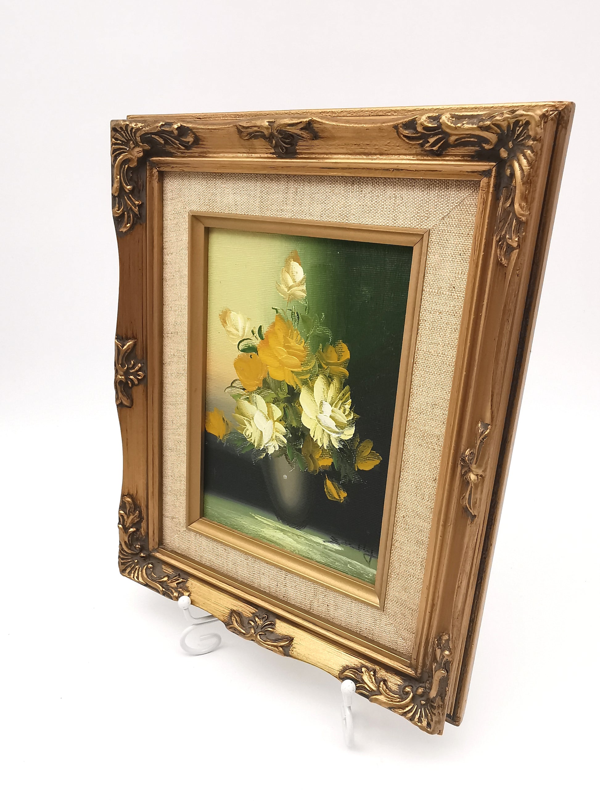 Vintage Floral Oil Painting – Framed Yellow Roses Still Life, Signed 27cm x22cm