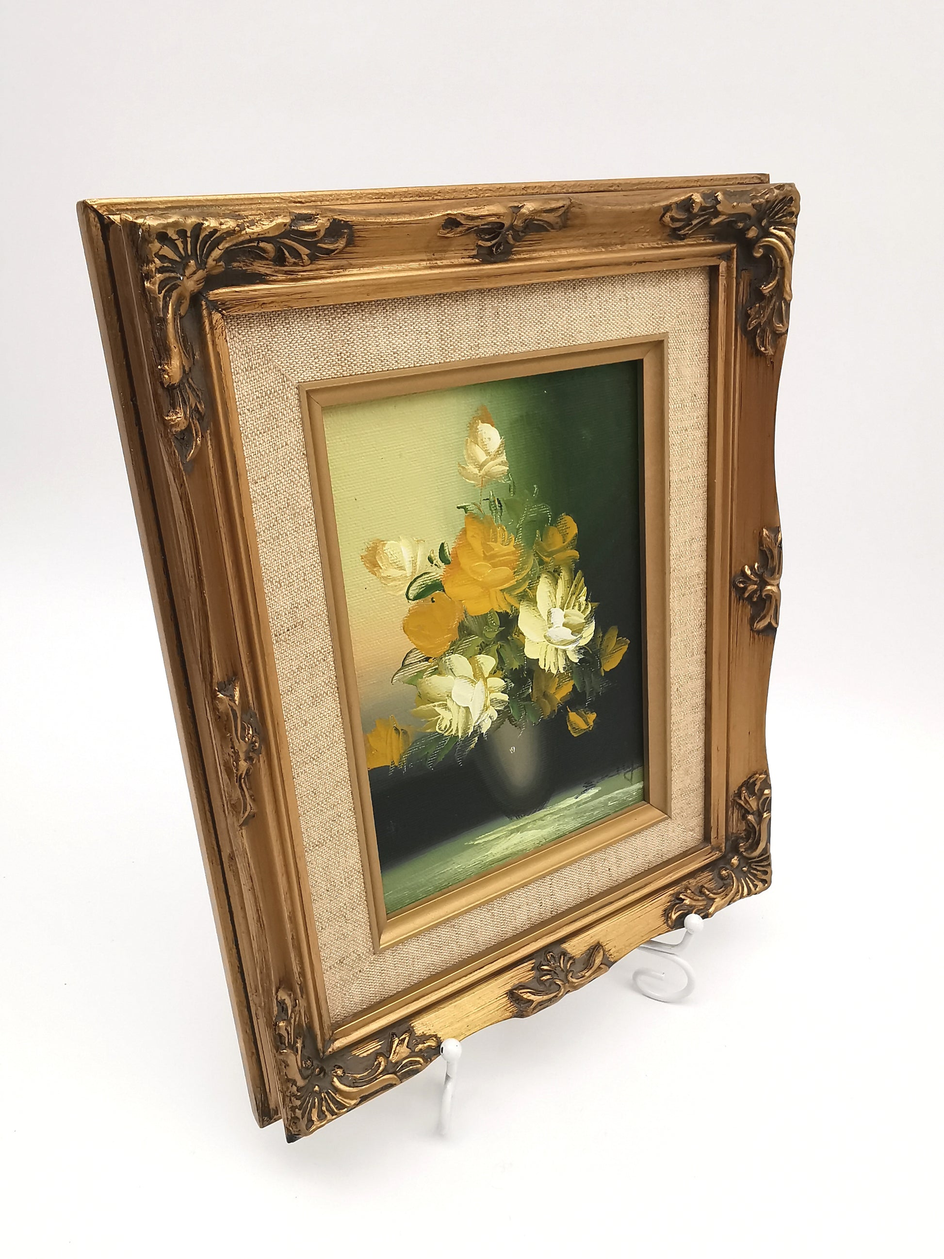 Vintage Floral Oil Painting – Framed Yellow Roses Still Life, Signed 27cm x22cm