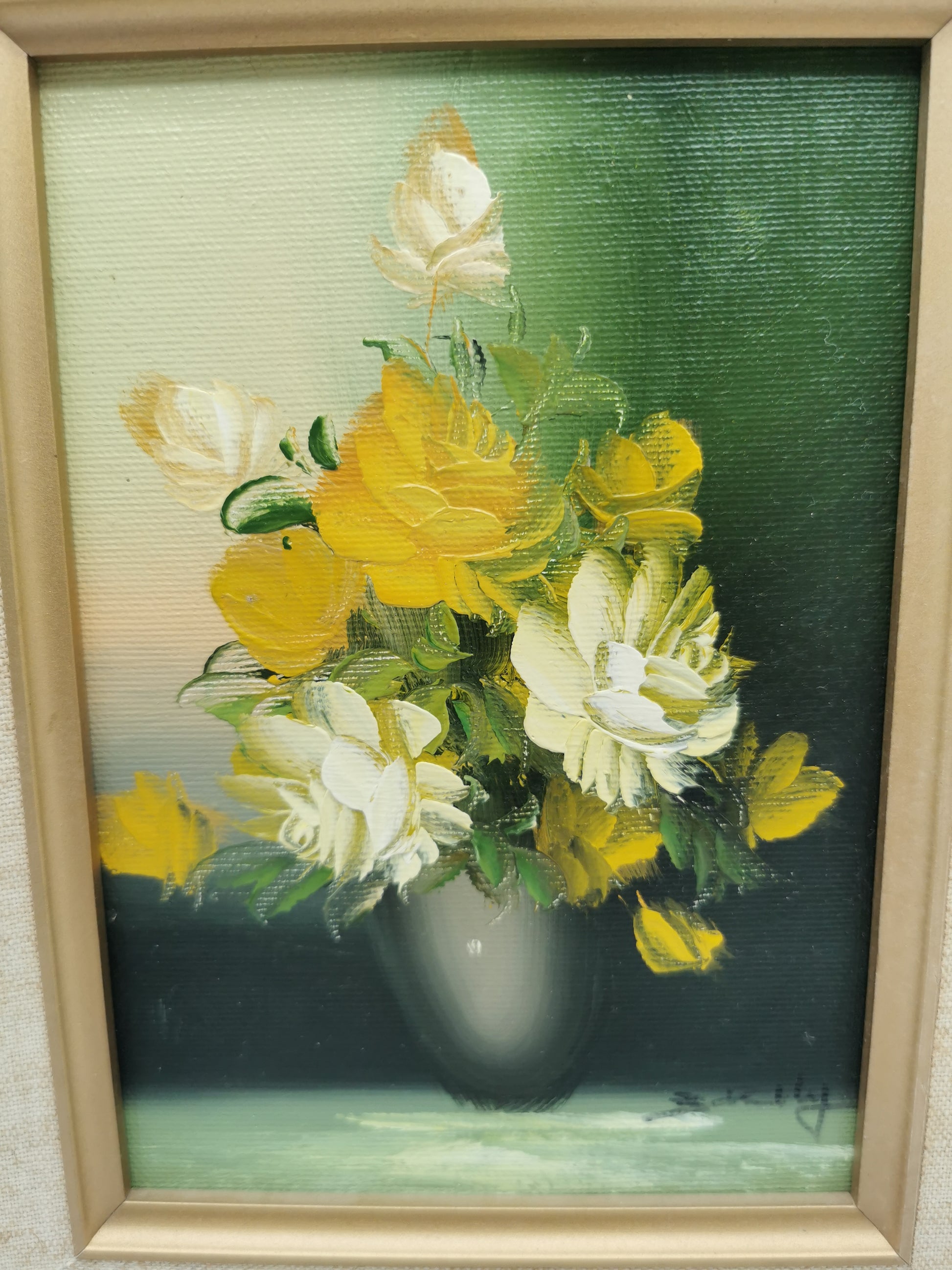 Vintage Floral Oil Painting – Framed Yellow Roses Still Life, Signed 27cm x22cm