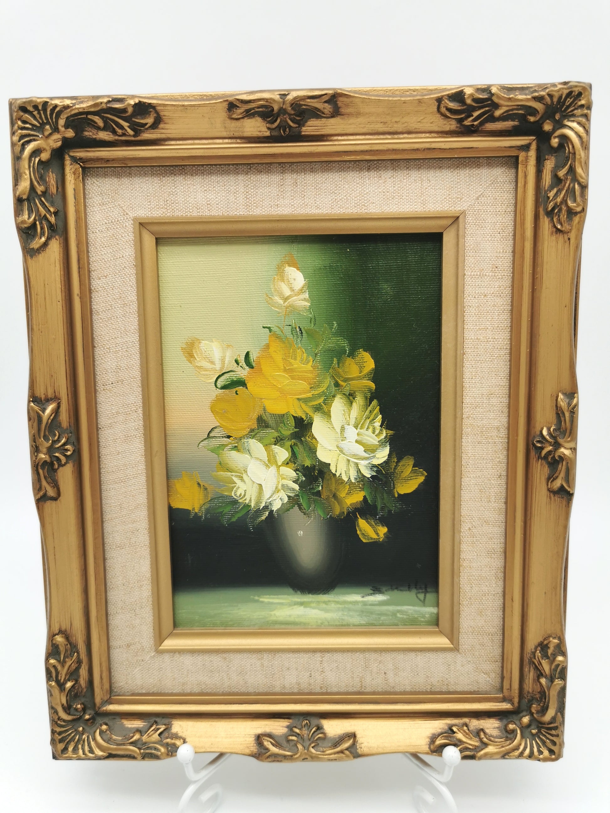 Vintage Floral Oil Painting – Framed Yellow Roses Still Life, Signed 27cm x22cm