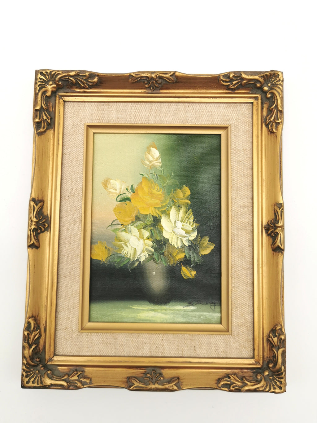 Vintage Floral Oil Painting – Framed Yellow Roses Still Life, Signed 27cm x22cm