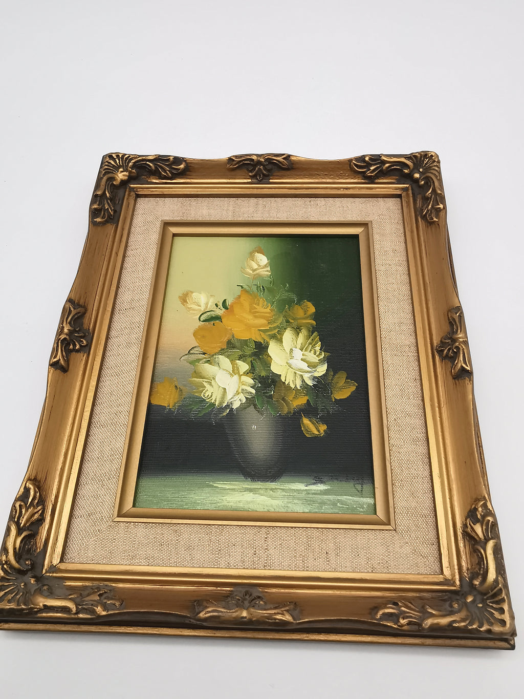Vintage Floral Oil Painting – Framed Yellow Roses Still Life, Signed 27cm x22cm