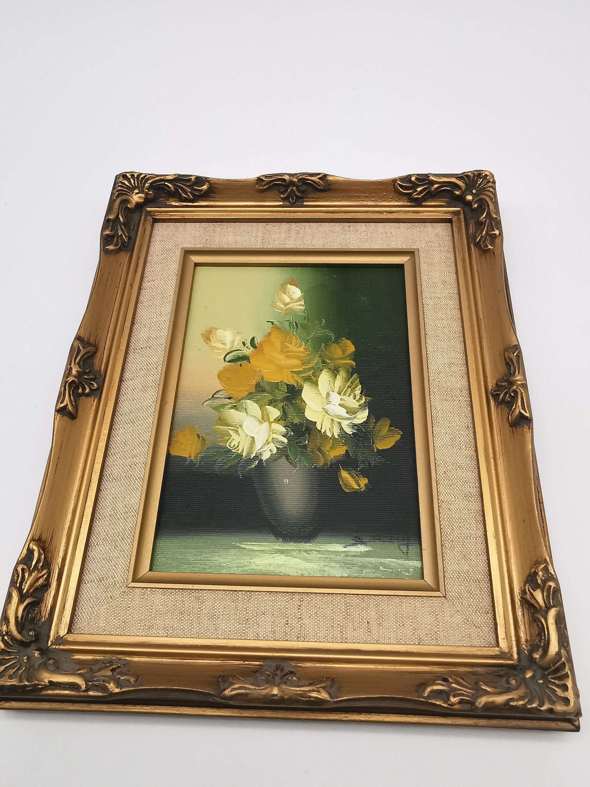 Vintage Floral Oil Painting – Framed Yellow Roses Still Life, Signed 27cm x22cm