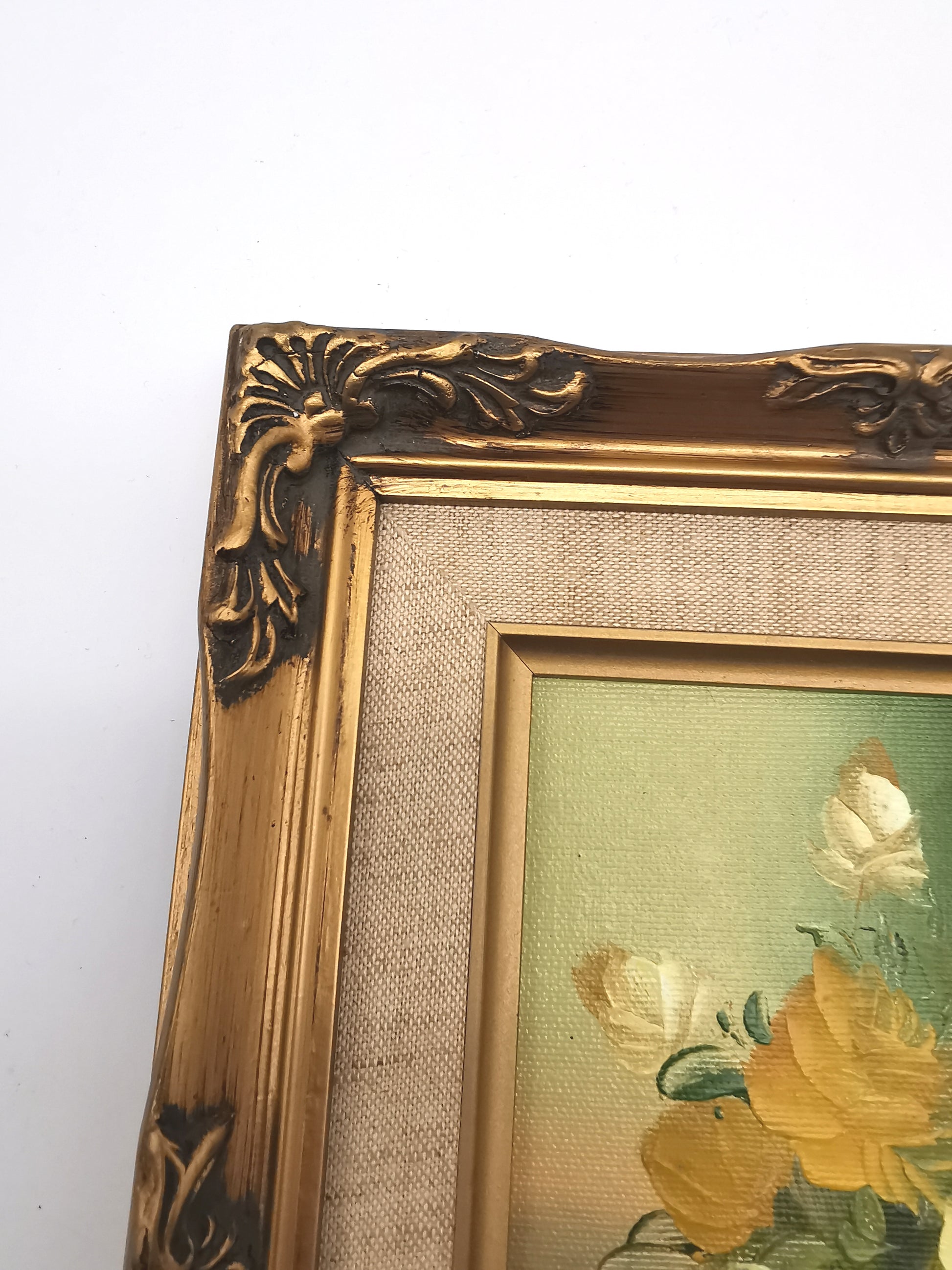 Vintage Floral Oil Painting – Framed Yellow Roses Still Life, Signed 27cm x22cm