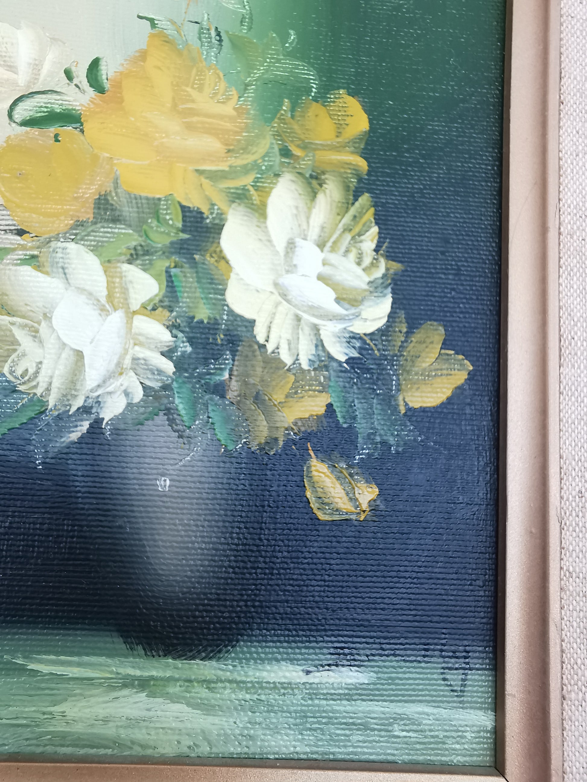 Vintage Floral Oil Painting – Framed Yellow Roses Still Life, Signed 27cm x22cm