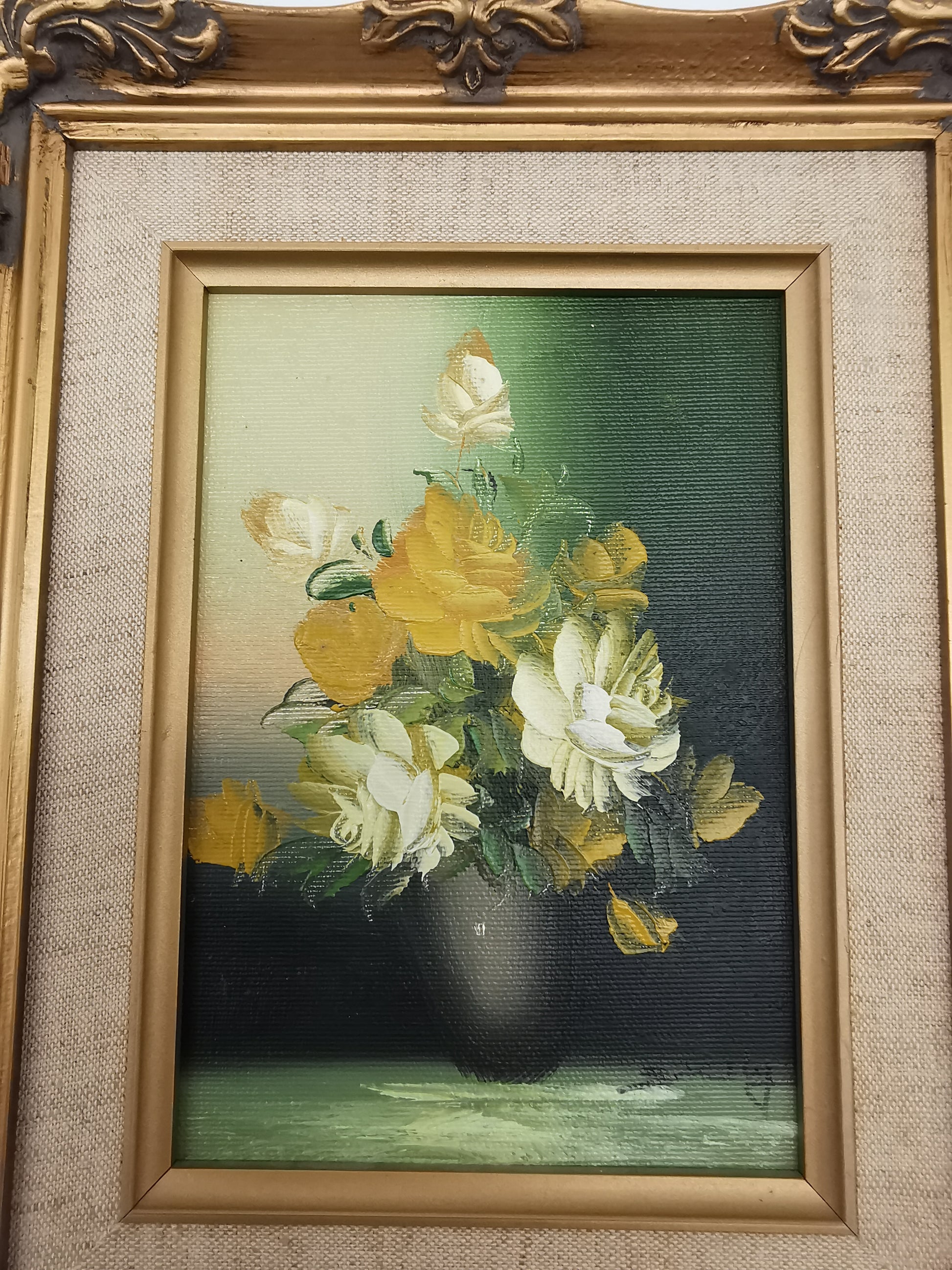 Vintage Floral Oil Painting – Framed Yellow Roses Still Life, Signed 27cm x22cm
