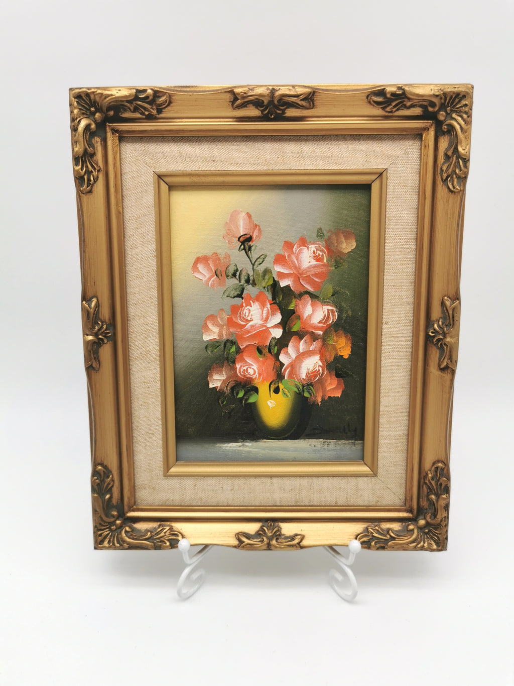Vintage Signed Floral Oil Painting – Framed Pink Roses Still Life 27cm x 22cm