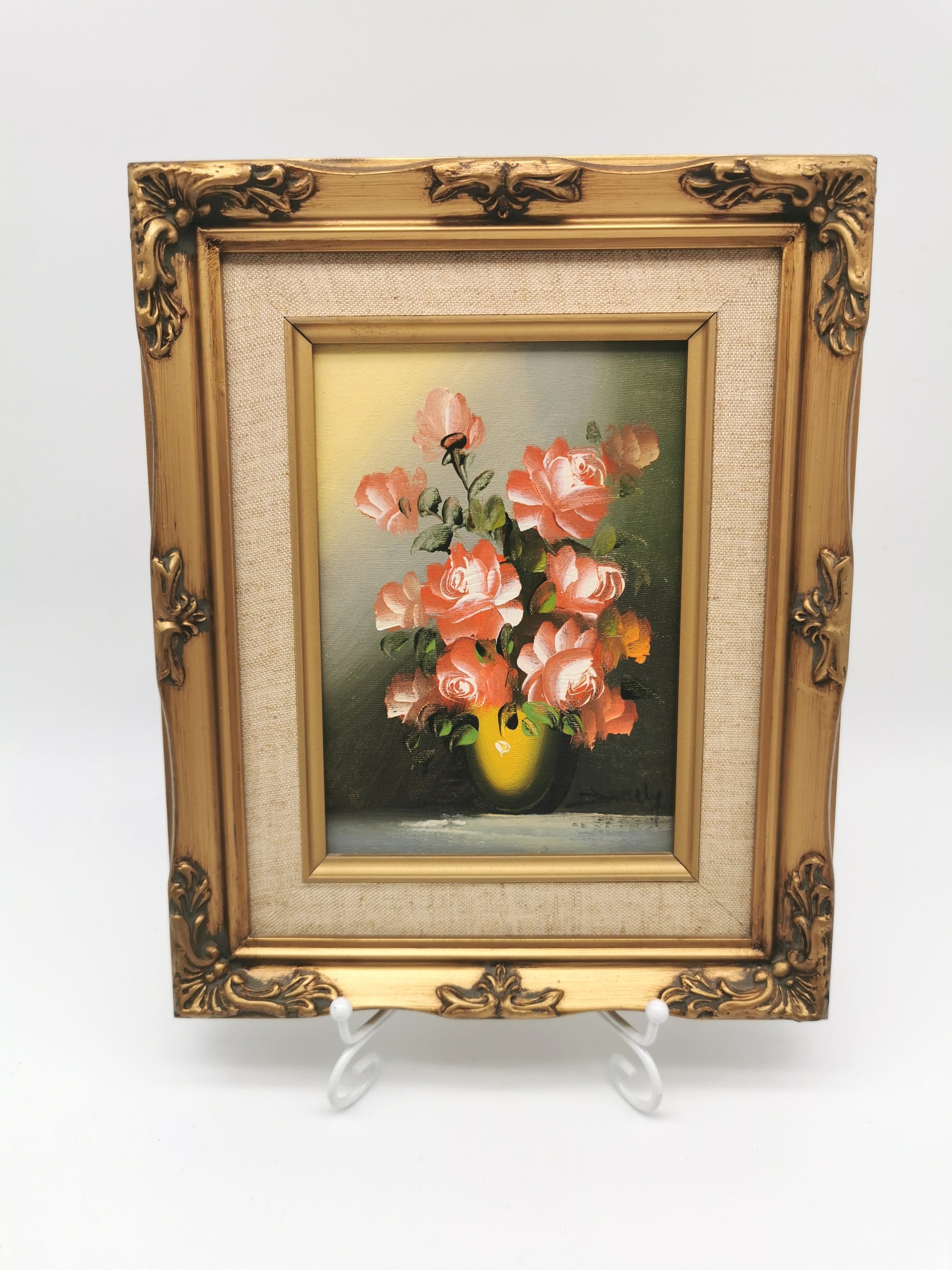 Vintage Signed Floral Oil Painting – Framed Pink Roses Still Life 27cm x 22cm