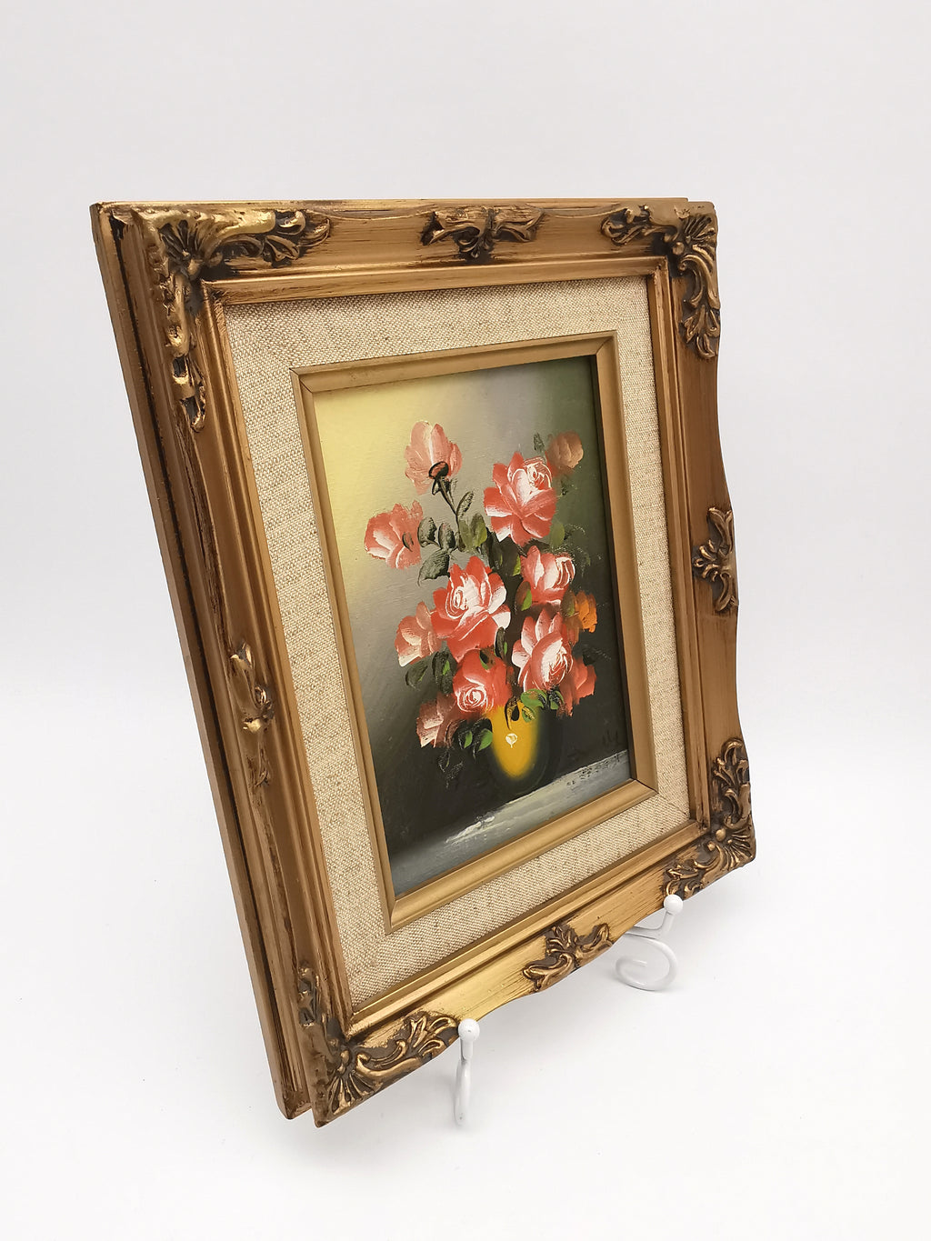 Vintage Signed Floral Oil Painting – Framed Pink Roses Still Life 27cm x 22cm