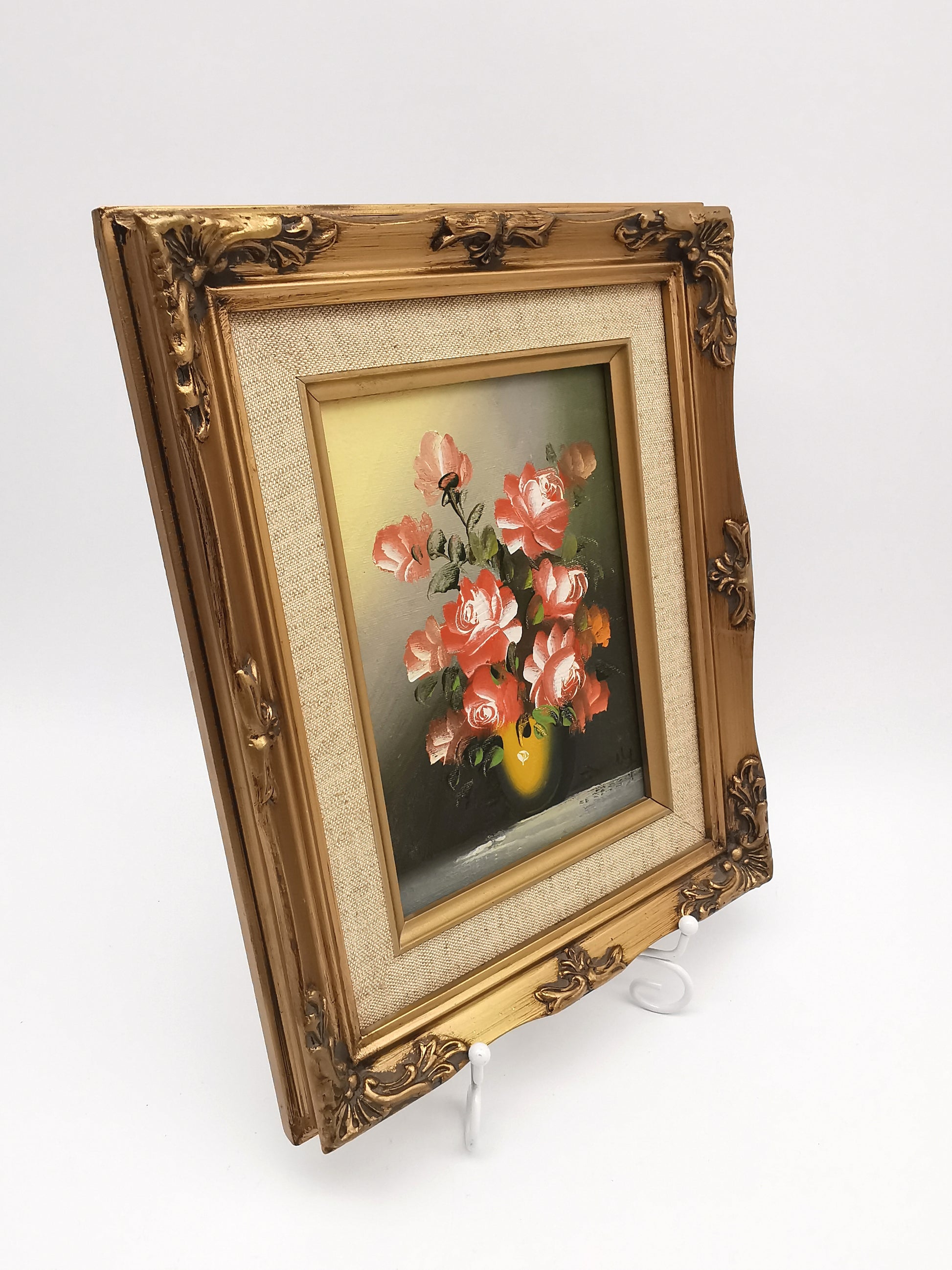 Vintage Signed Floral Oil Painting – Framed Pink Roses Still Life 27cm x 22cm