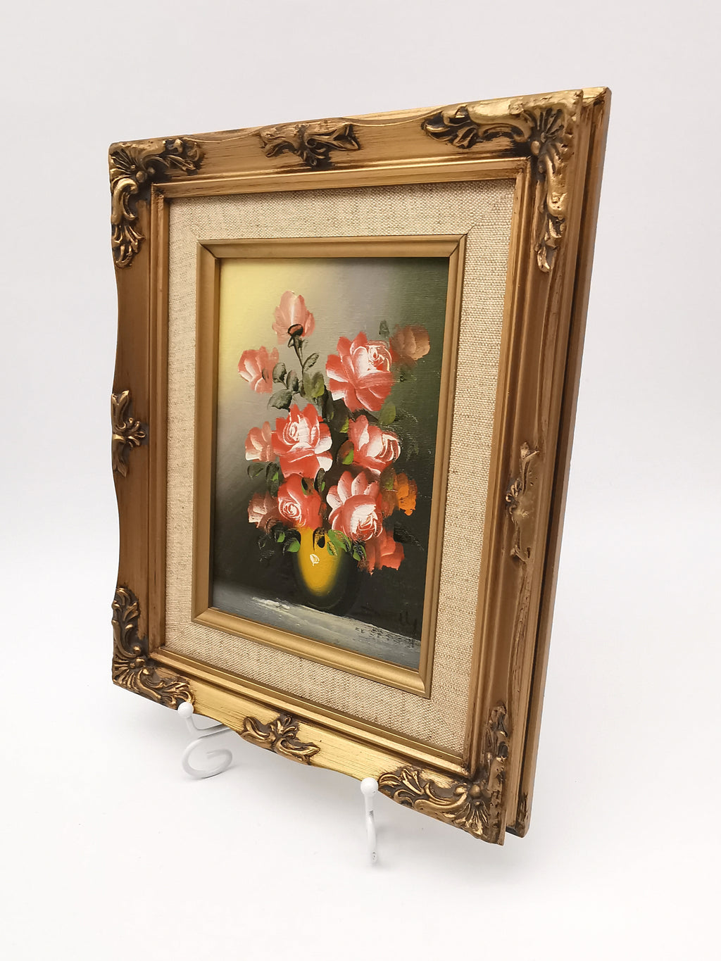 Vintage Signed Floral Oil Painting – Framed Pink Roses Still Life 27cm x 22cm