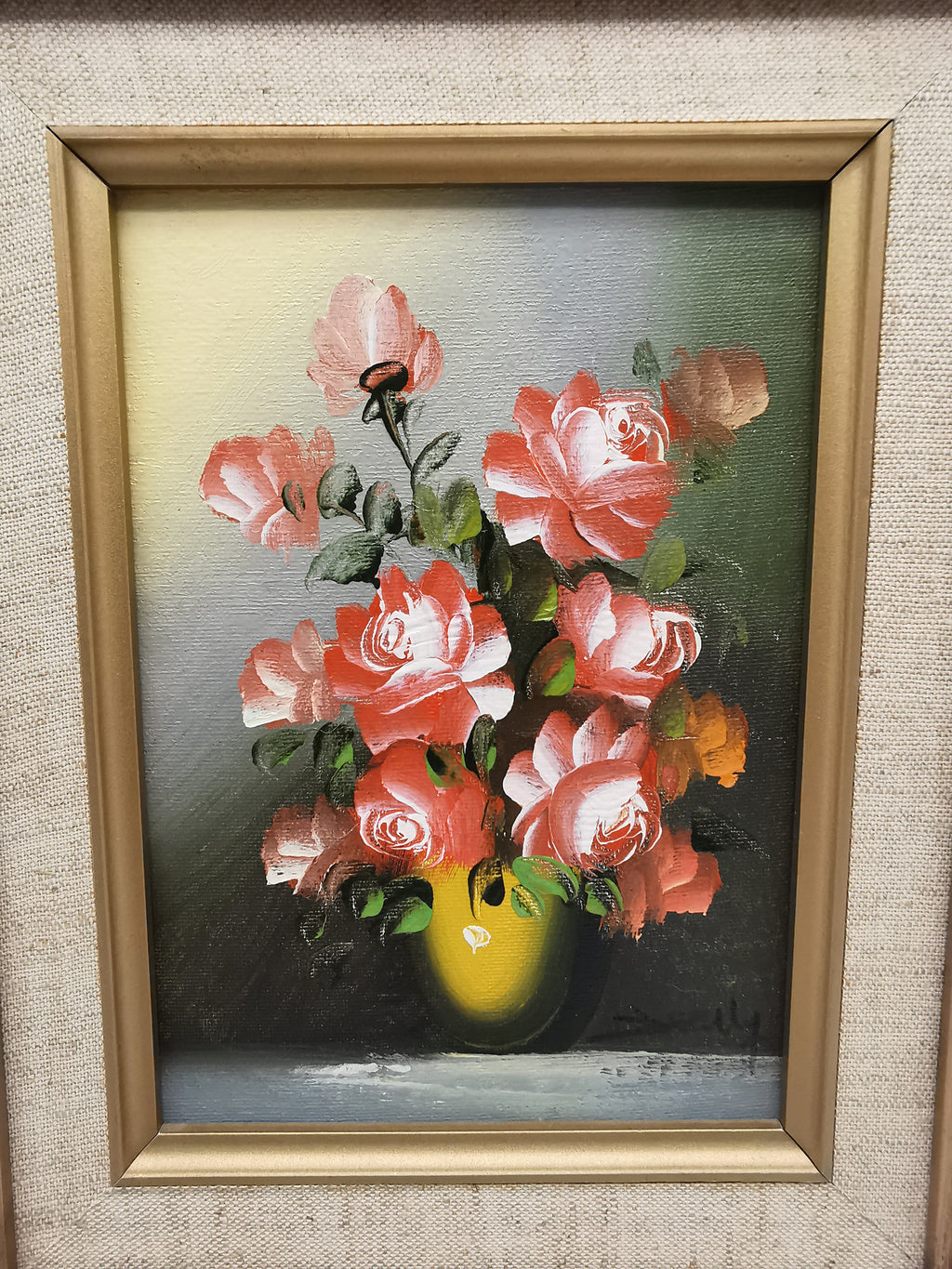 Vintage Signed Floral Oil Painting – Framed Pink Roses Still Life 27cm x 22cm