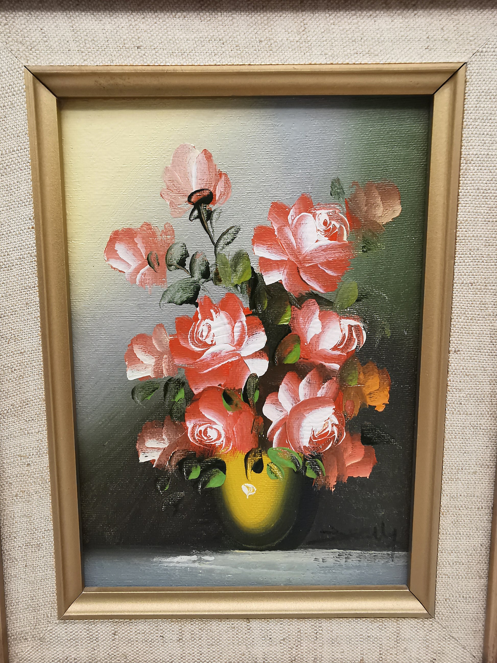 Vintage Signed Floral Oil Painting – Framed Pink Roses Still Life 27cm x 22cm