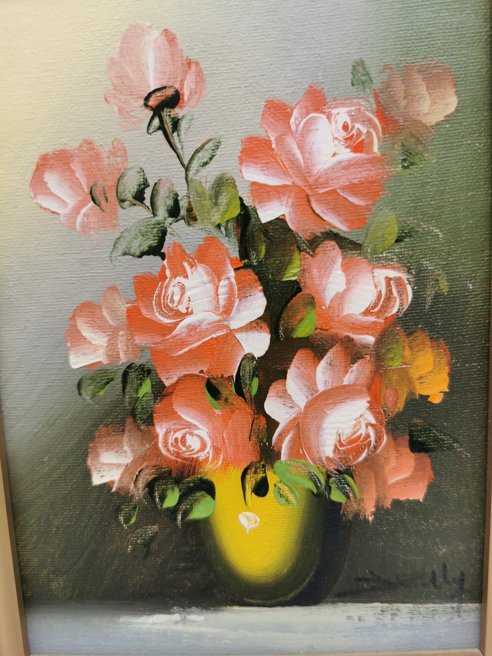 Vintage Signed Floral Oil Painting – Framed Pink Roses Still Life 27cm x 22cm