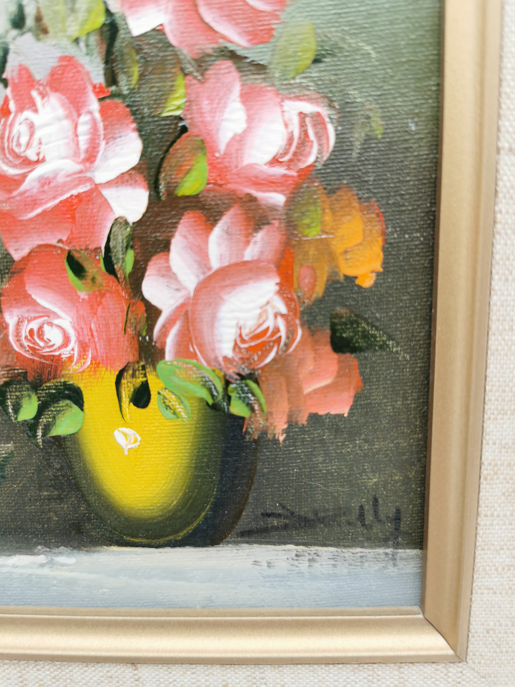 Vintage Signed Floral Oil Painting – Framed Pink Roses Still Life 27cm x 22cm