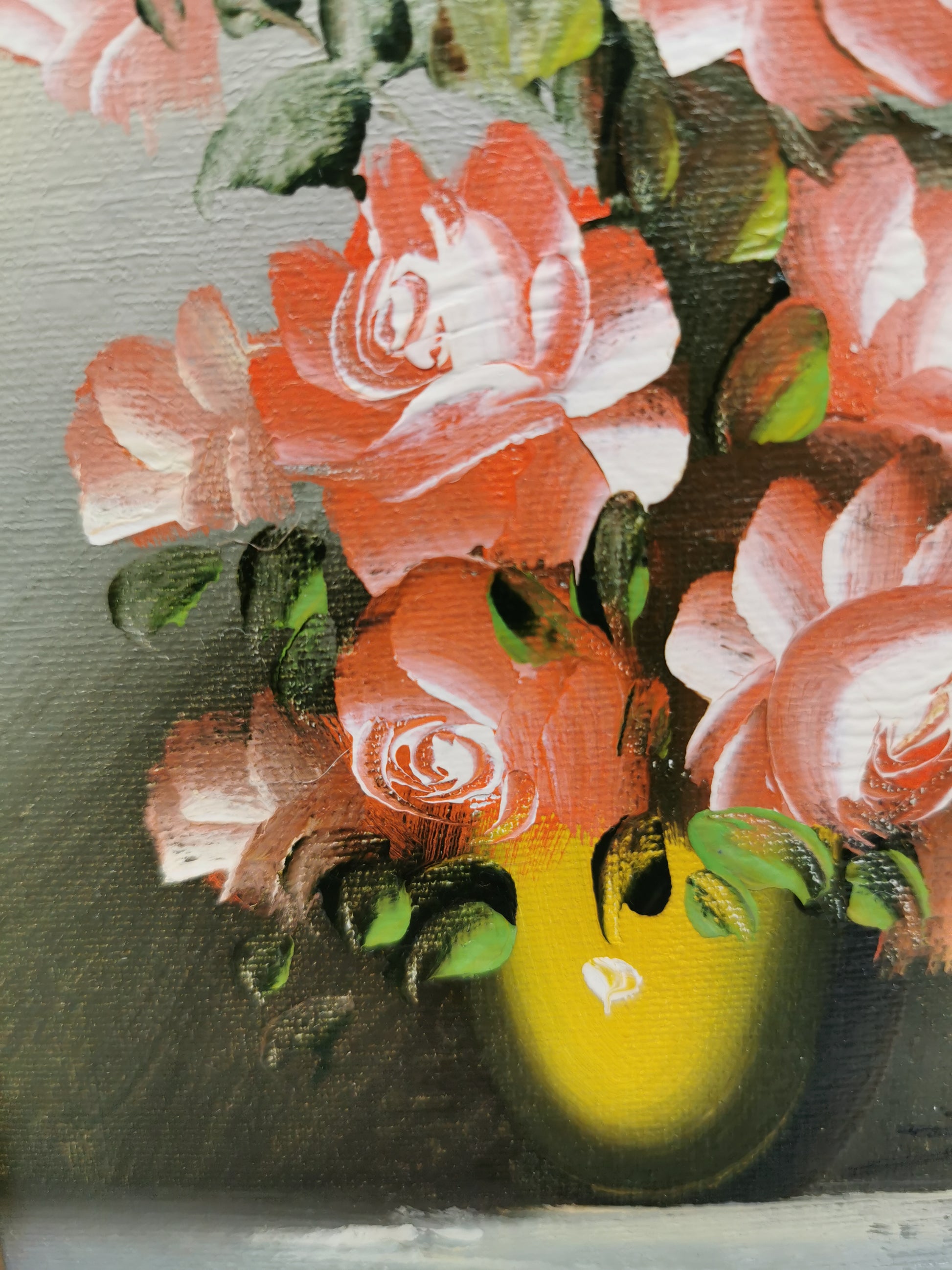 Vintage Signed Floral Oil Painting – Framed Pink Roses Still Life 27cm x 22cm
