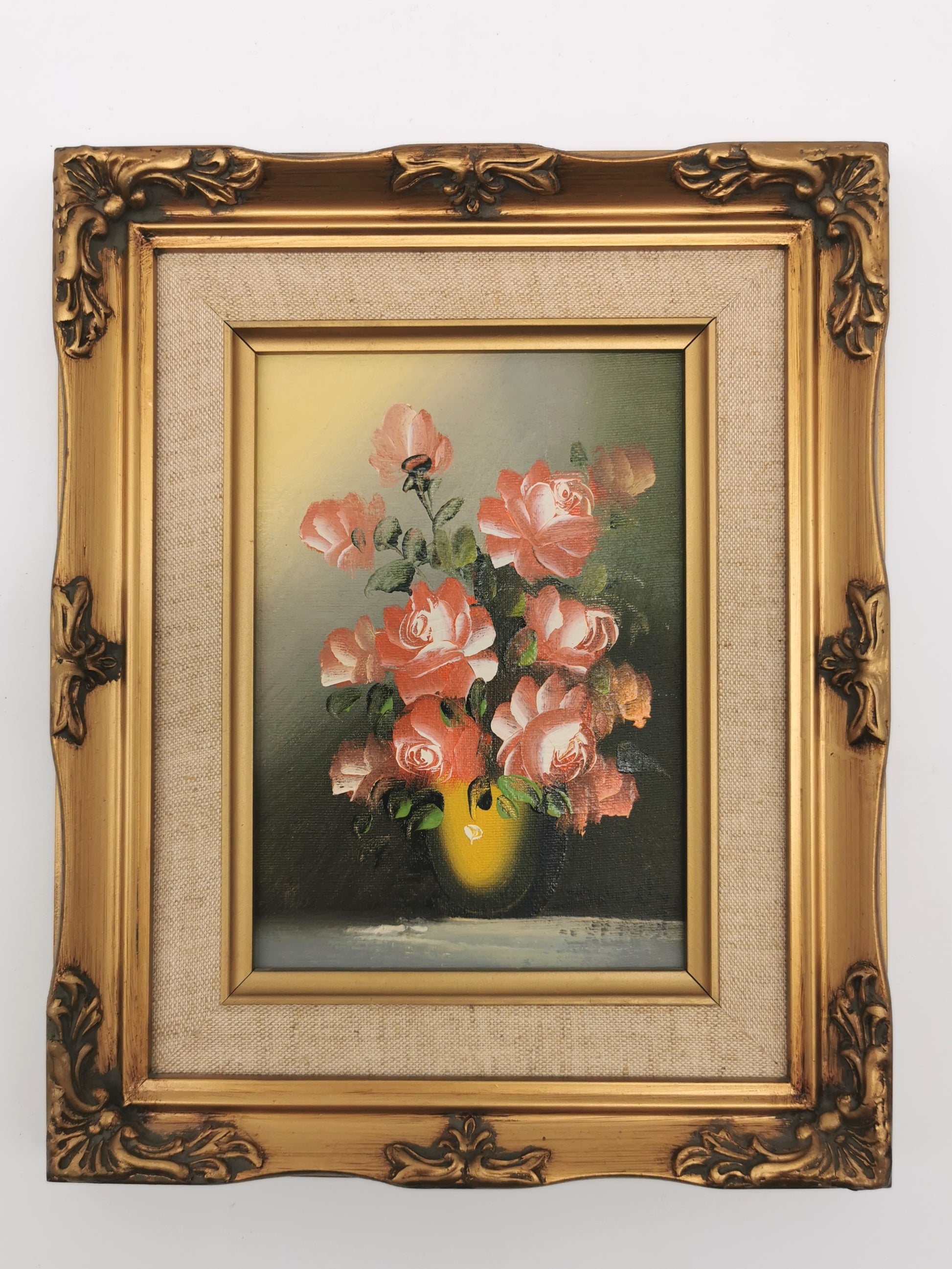 Vintage Signed Floral Oil Painting – Framed Pink Roses Still Life 27cm x 22cm