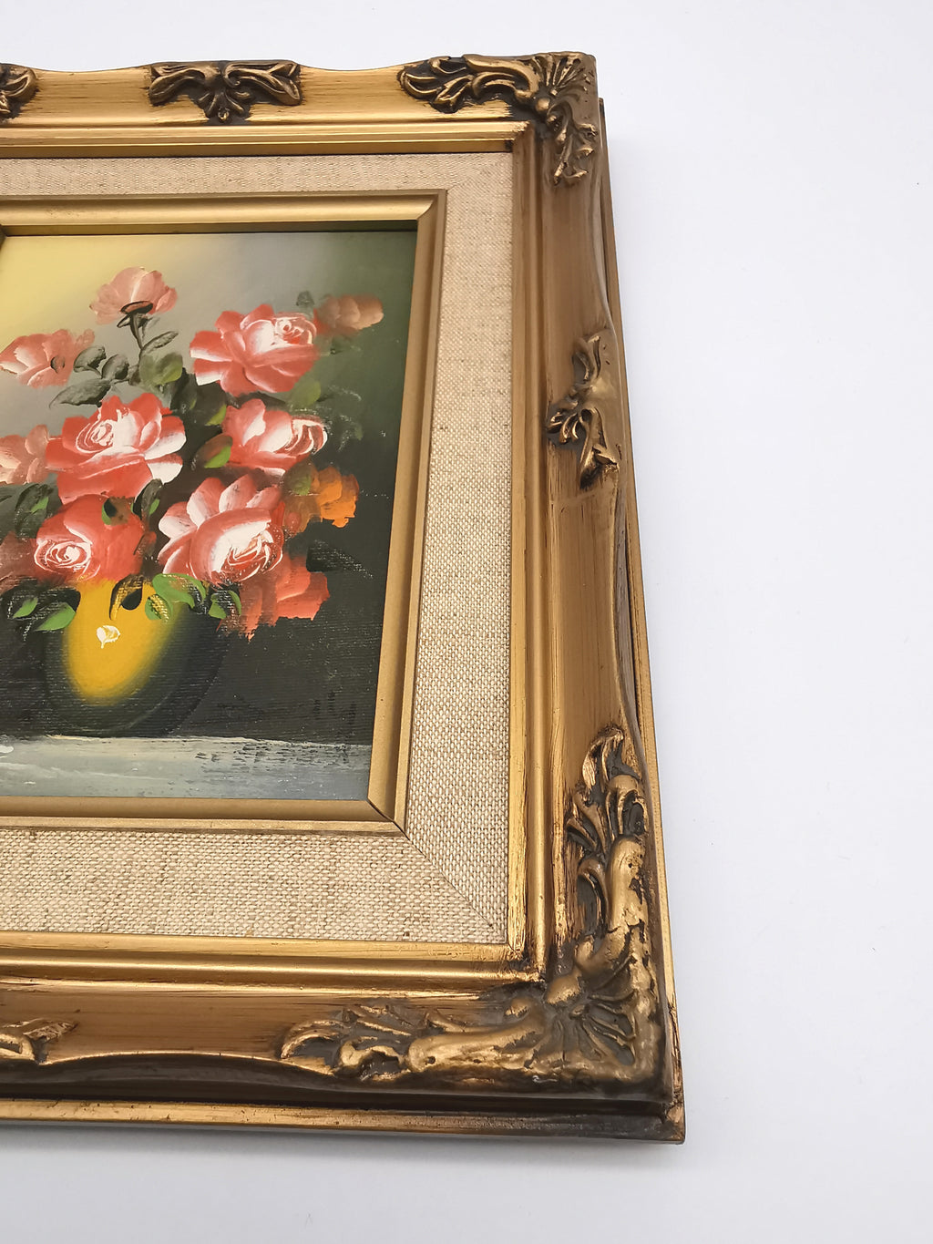 Vintage Signed Floral Oil Painting – Framed Pink Roses Still Life 27cm x 22cm