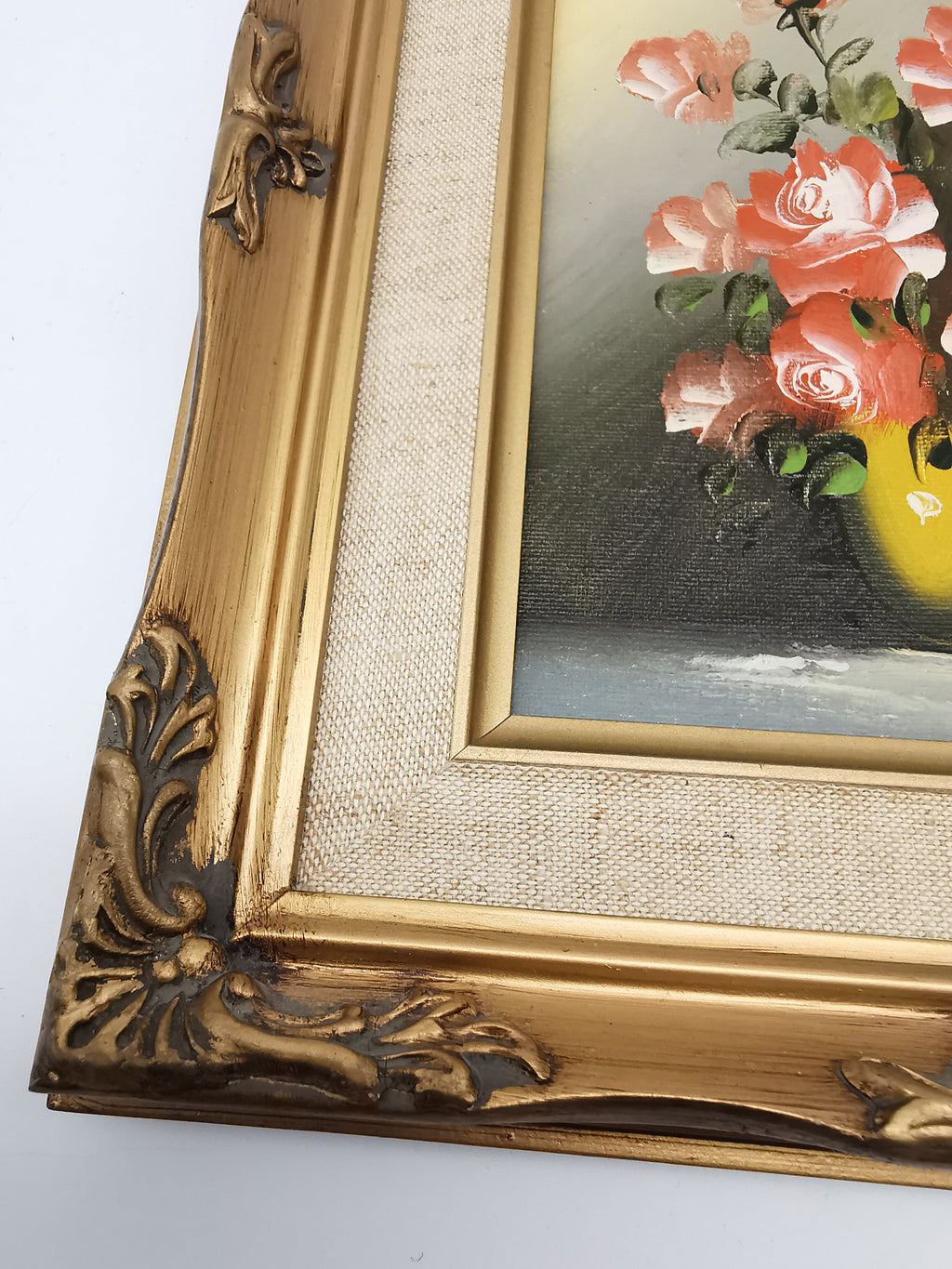 Vintage Signed Floral Oil Painting – Framed Pink Roses Still Life 27cm x 22cm