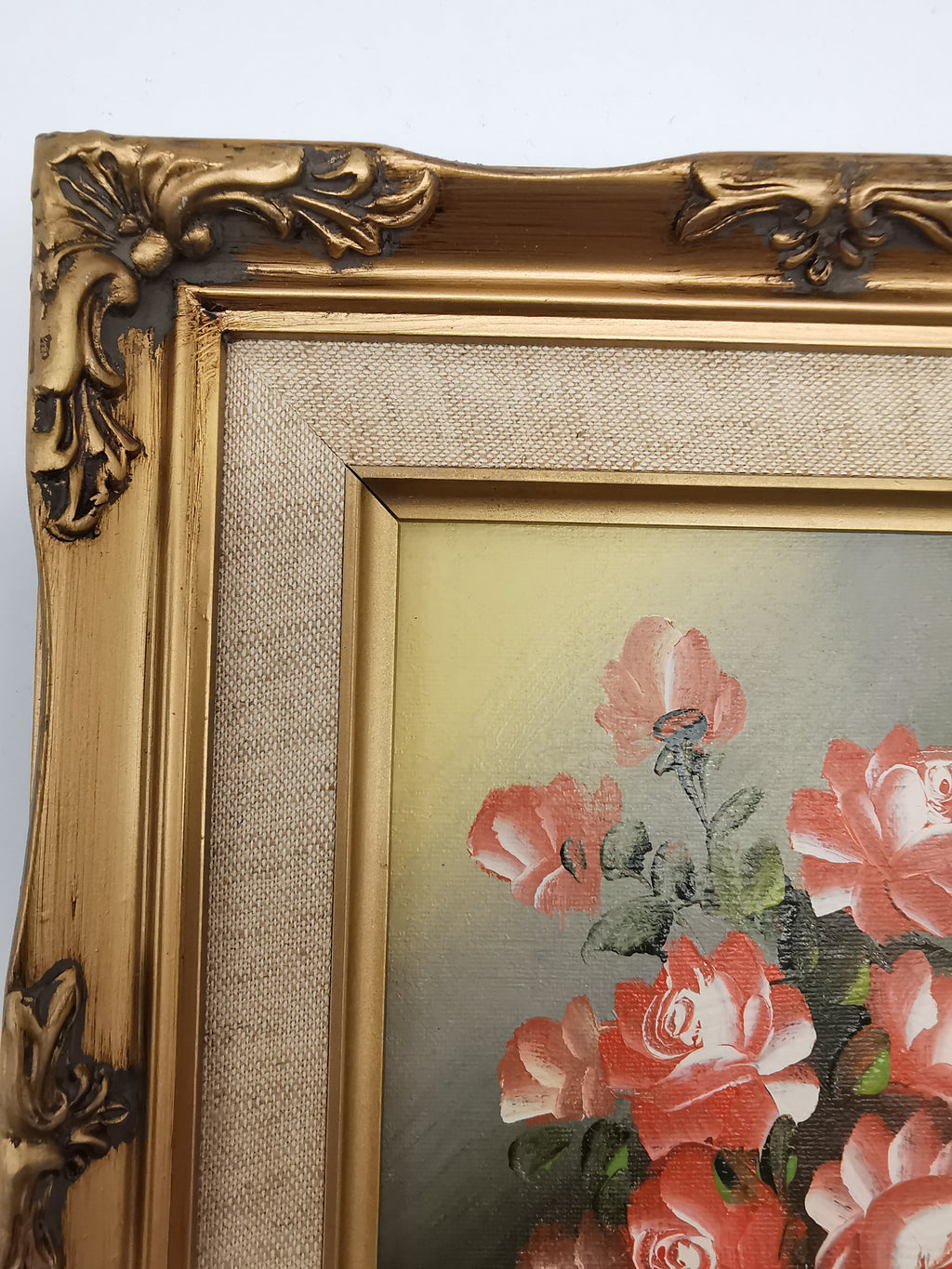 Vintage Signed Floral Oil Painting – Framed Pink Roses Still Life 27cm x 22cm