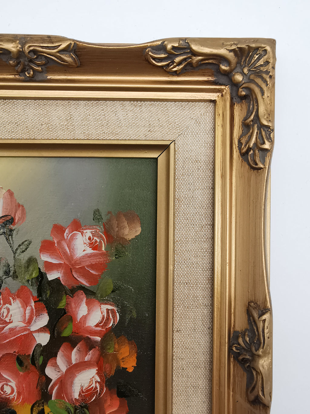 Vintage Signed Floral Oil Painting – Framed Pink Roses Still Life 27cm x 22cm