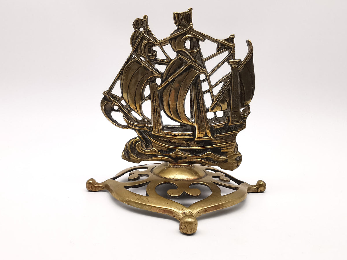 Vintage Brass Mayflower Ship Desk Ornament - Nautical Sailing Vessel on Pierced Base