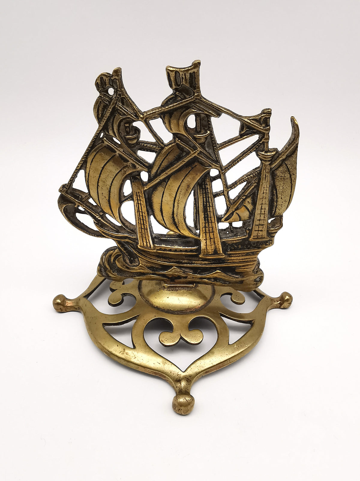Vintage Brass Mayflower Ship Desk Ornament - Nautical Sailing Vessel on Pierced Base