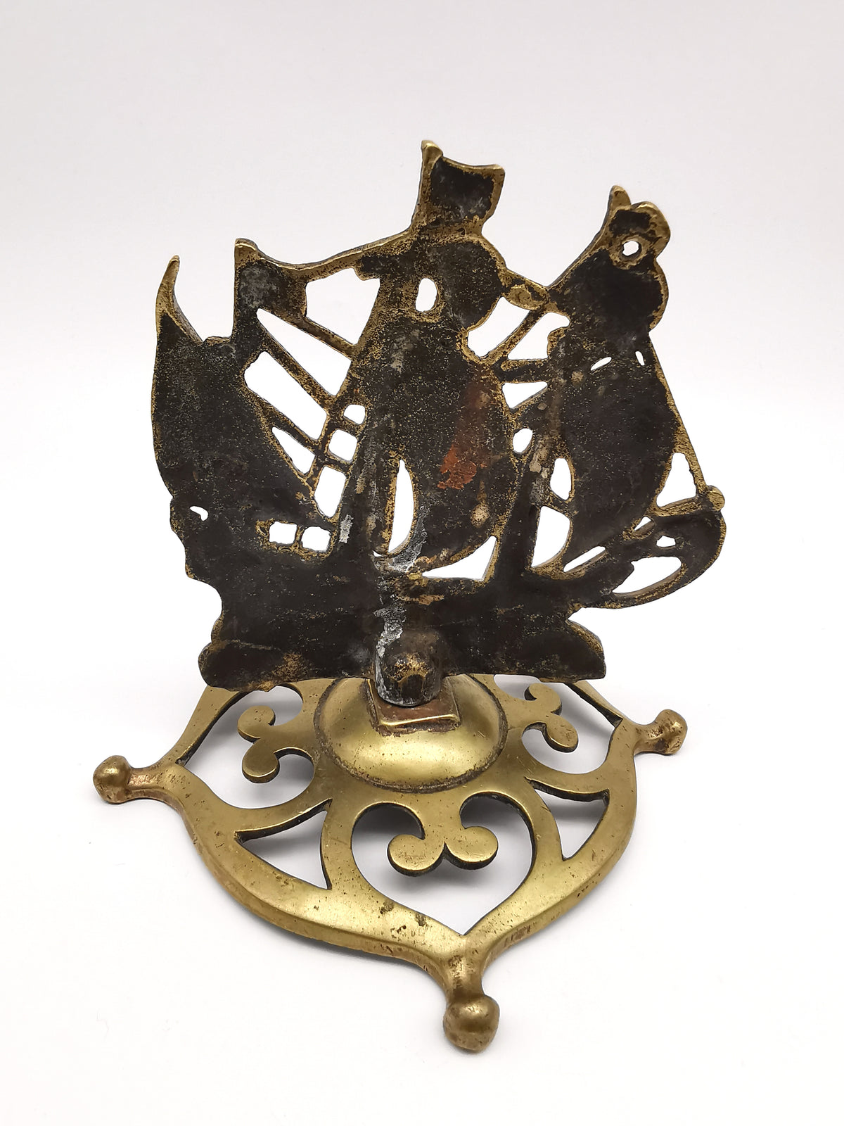 Vintage Brass Mayflower Ship Desk Ornament - Nautical Sailing Vessel on Pierced Base