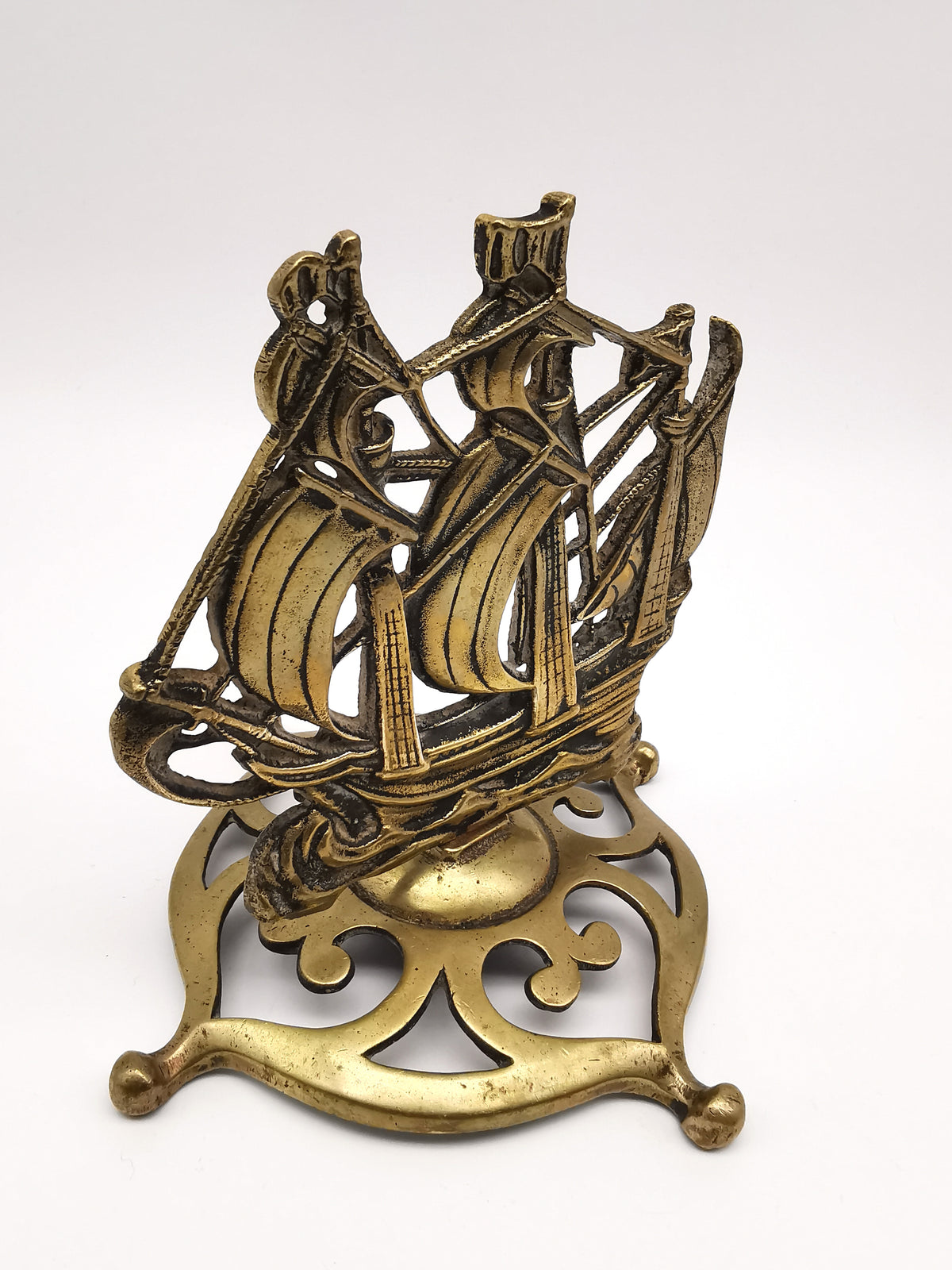 Vintage Brass Mayflower Ship Desk Ornament - Nautical Sailing Vessel on Pierced Base